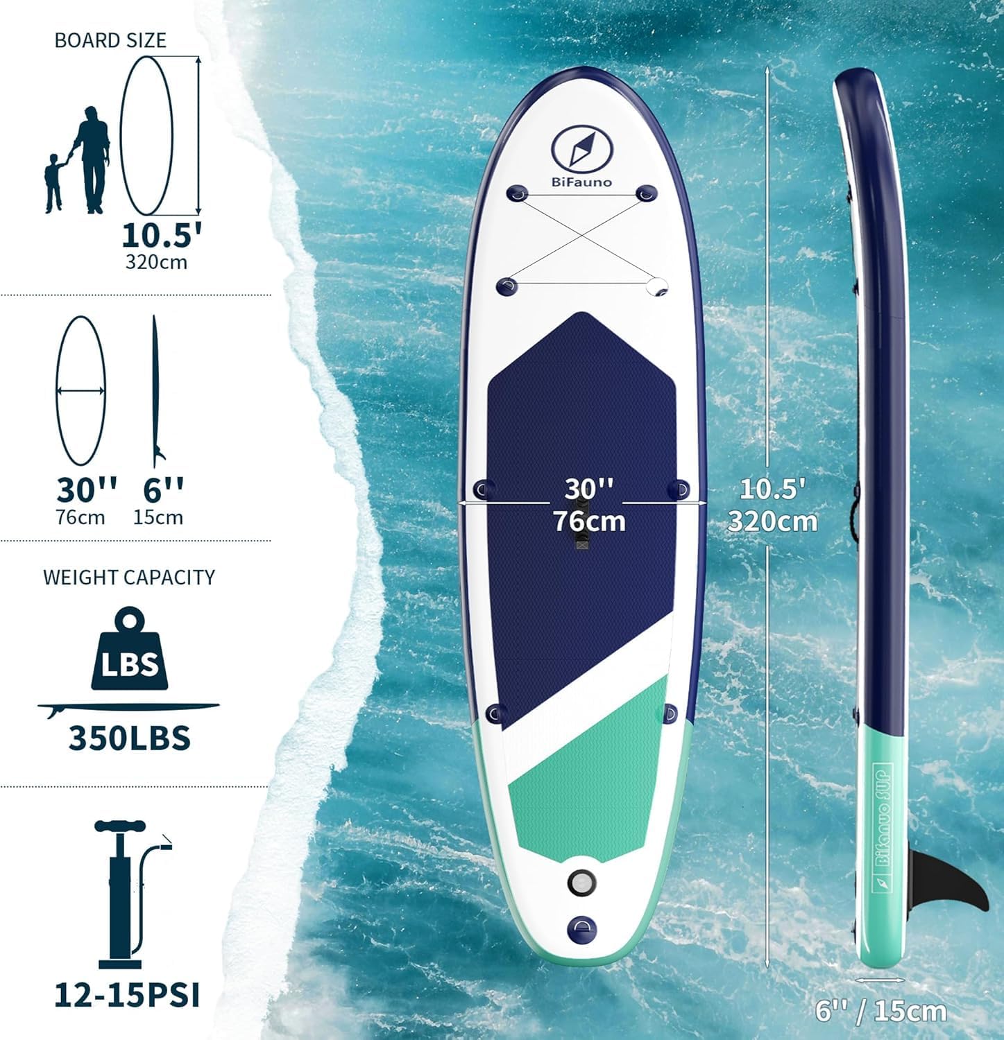 Alternative view of Bifanuo Inflatable Stand Up Paddle Board with SUP Accessories & Backpack. Paddle Boards for Adults. Non-Slip Deck, Wide Stance, Bottom Fin, Double Action Pump.