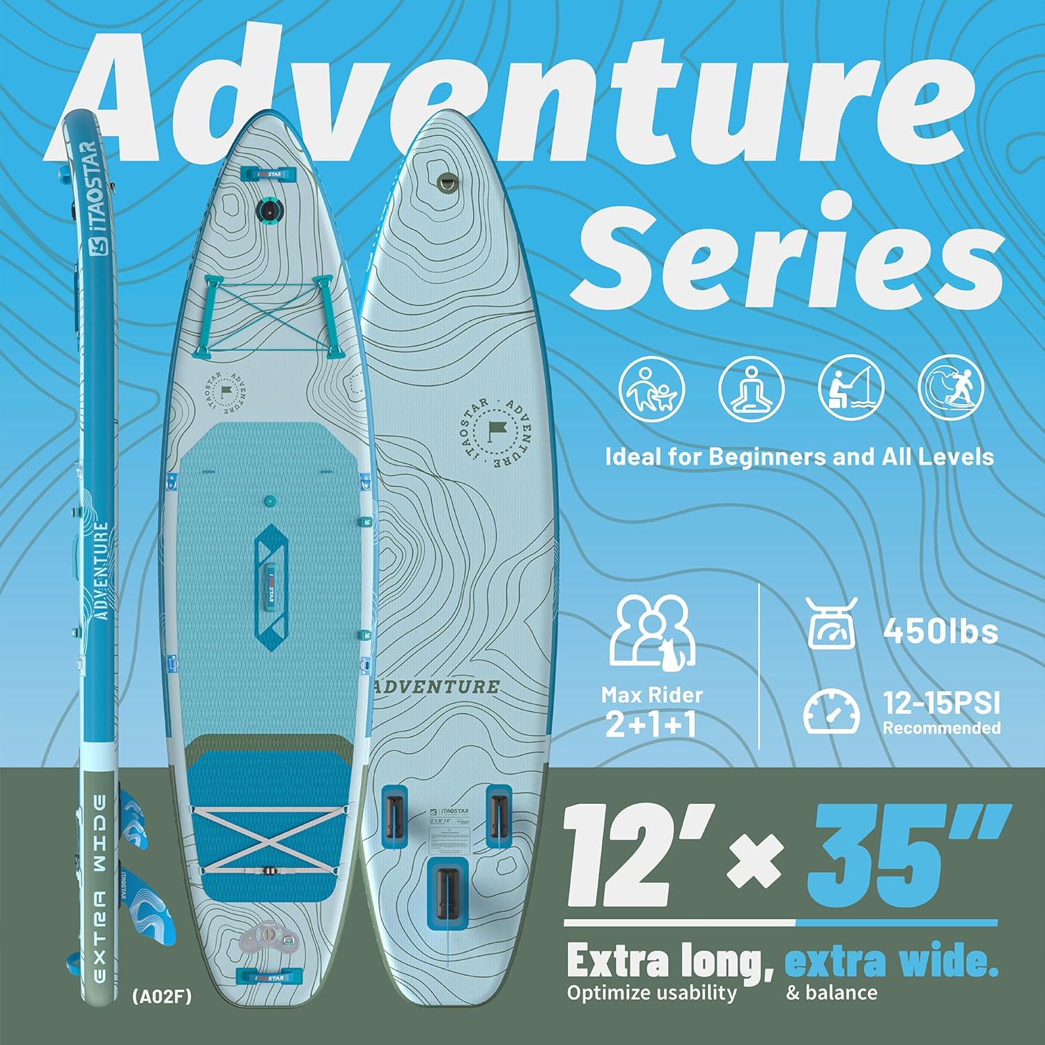 iTAOSTAR Adventure 12u2019×35"/39" Extra Wide Paddle Board, One-Stop Premium SUP Board Accessories, Tailored 5 Fins, Stable Inflatable Stand Up Paddle Boards for Youth/Adults of All Skill Levels