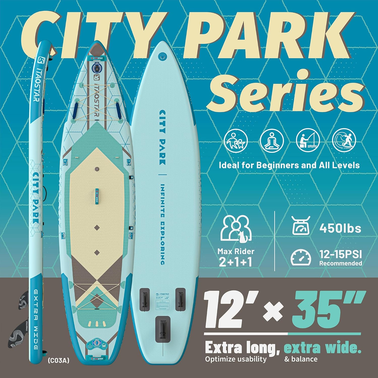 iTAOSTAR City Park 12'×35" Extra Wide Paddle Board with Seat, One-Stop Premium SUP Board Gears, Tailored 5 Fins, Stable Inflatable Stand Up Paddle Boards for Youth/Adults of All Levels