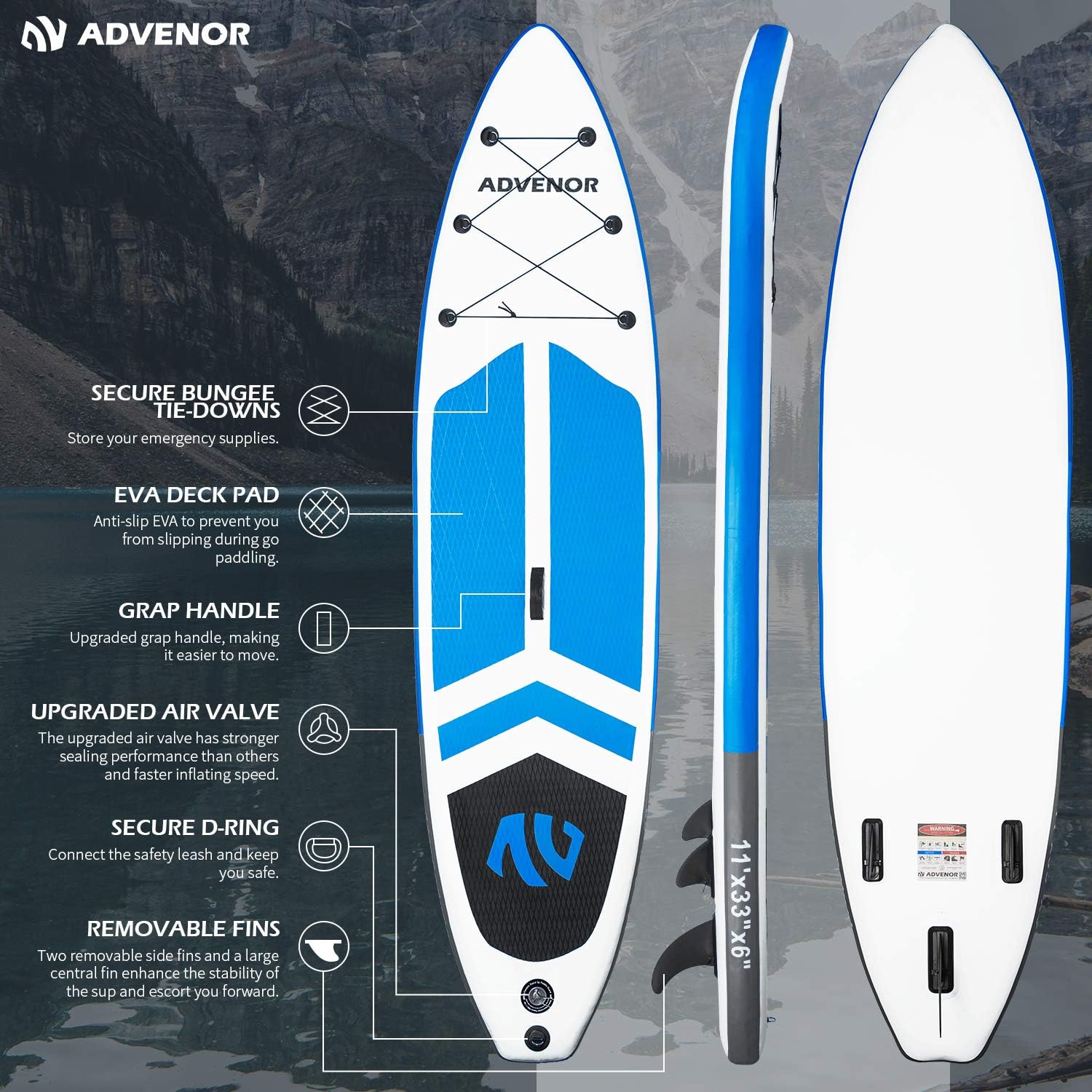 ADVENOR Paddle Board 11'x33 x6 Extra Wide Inflatable Stand Up Paddle Board with Hand Pump,Leash, Adjustable Paddle For Basic Version, Extra Kayak Paddle Kayak Seat 2 Fishing Mounts For Fishing Version