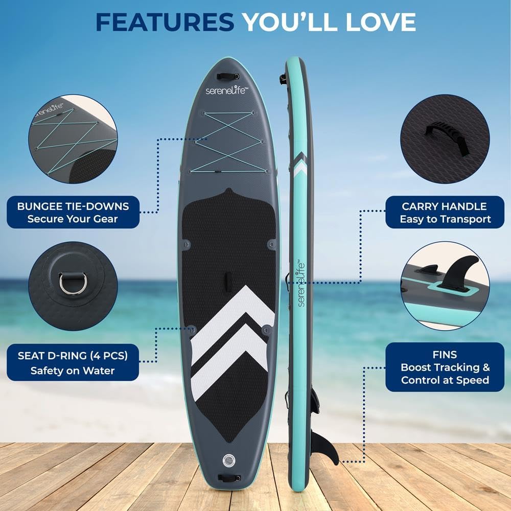 Alternative view of SereneLife XL Inflatable Stand Up Paddle Board u2013 Extra-Wide, Pet & Family-Friendly SUP for Adults, Kids & Pets u2013 Non-Slip Deck, Lightweight Stable Design, Premium Accessories - 440 lbs Capacity