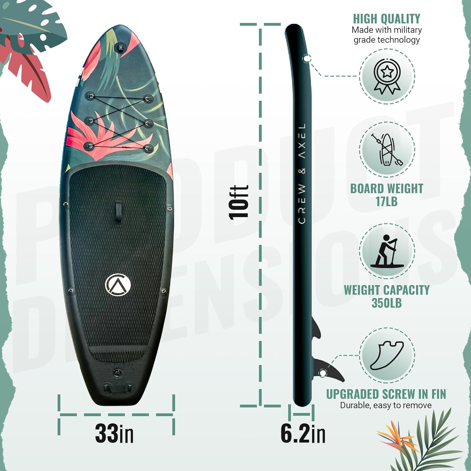 Alternative view of Crew Axel Inflatable Paddle Board 10u201933u20196u201D Extra Wide & Lightweight (18lb) Paddle Board u2013 Premium SUP Set Includes 2 Bags, Floating Paddle, Camera Mount, 3 Fins, Dual Pump Kit