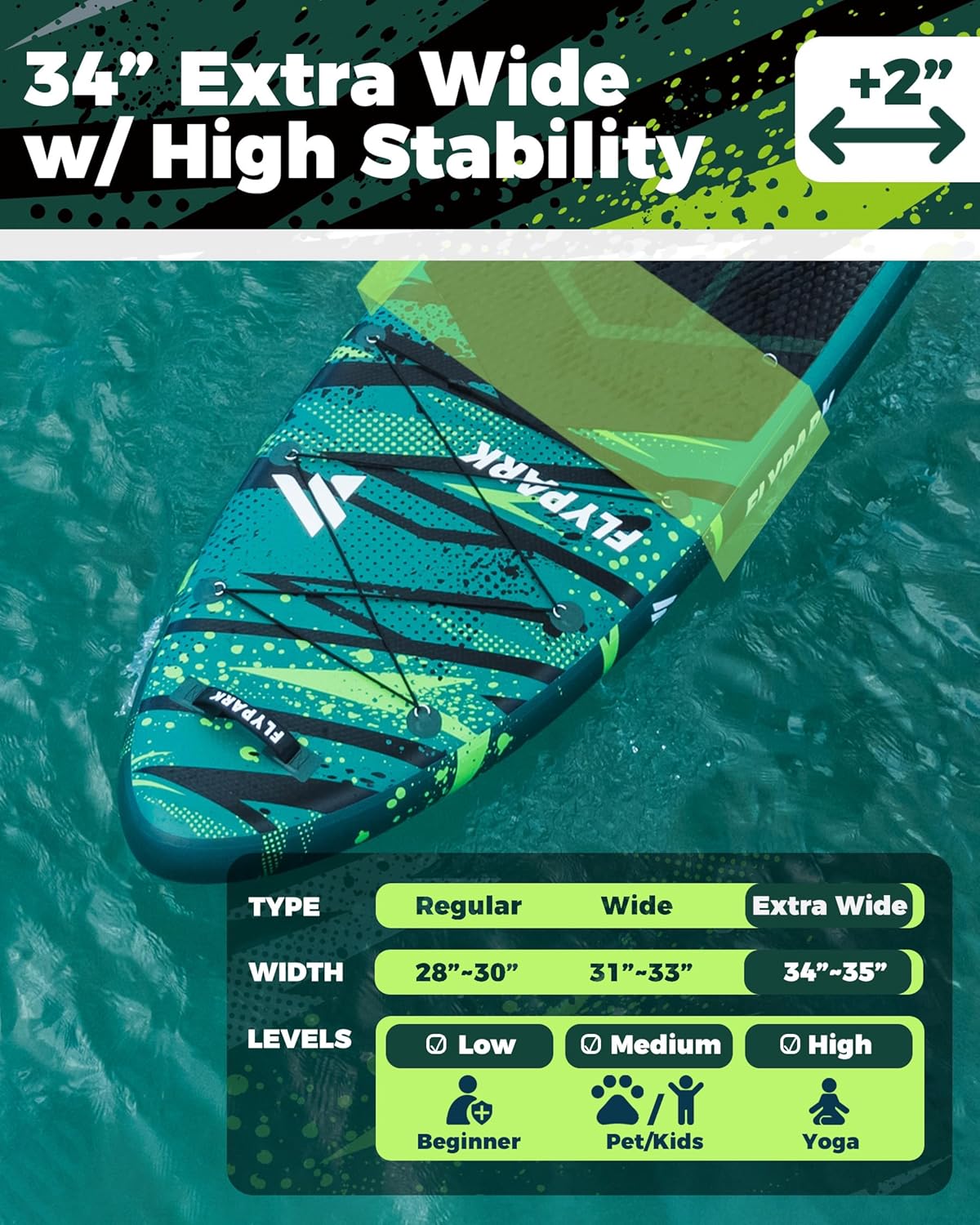 Alternative view of Flypark 11'x34 Inflatable Paddle Boards, Extra Wide SUP for 420lbs/3Adults, Yoga Stand Up Paddle Board, 110L Backpack, 15 D-Rings, Shoulder Strap, US-Fin, 2-Action Pump