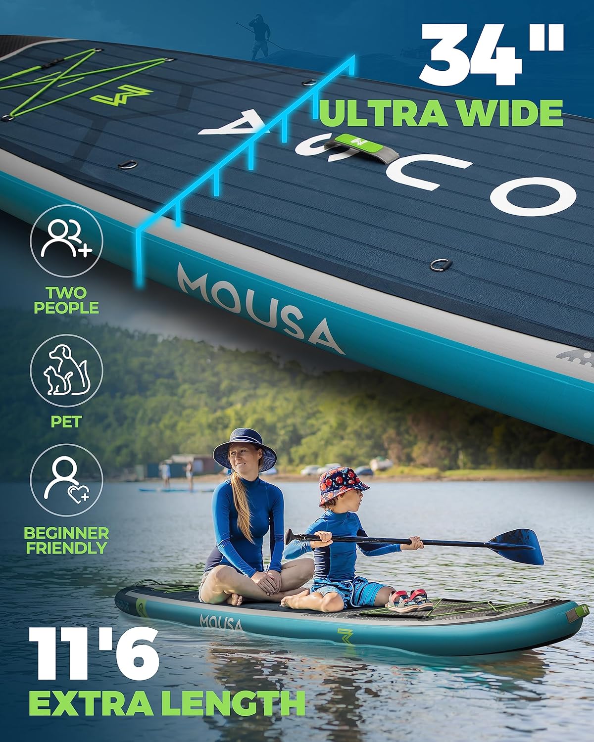 Alternative view of MOUSA 11'6u201Cx35 Extra Wide Inflatable Stand Up Paddle Board, Stable Long SUP for 2 People/Family, Shoulder Strap, 3/5 Handles, 100L Backpack, All-Round Sup Board, Removeable Fin
