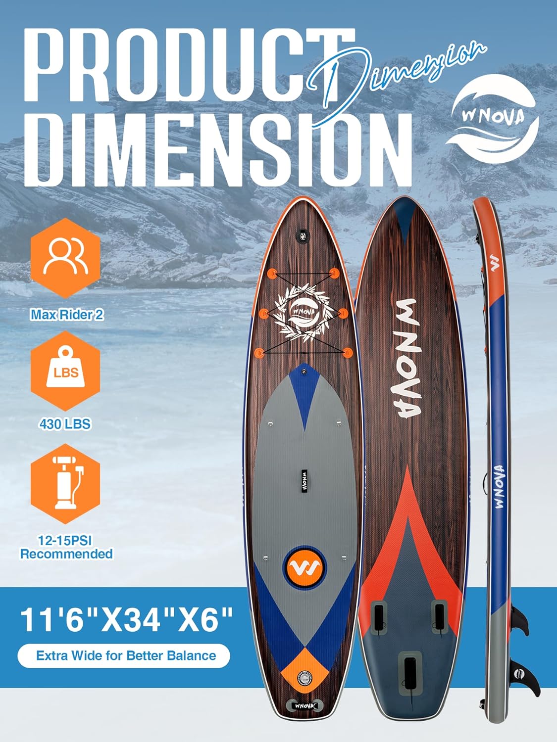 WNOVA 11'6" × 34" Extra Wide Inflatable Stand Up Paddle Board, Stable SUP with Premium SUP Accessories and Non-Slip Comfort Deck for Adults & Youth of All Skill Levels