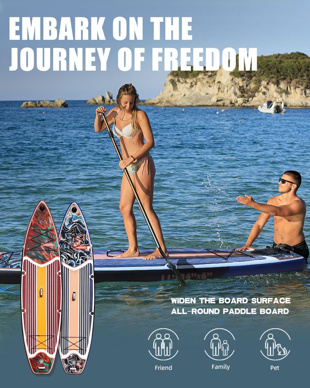 SAMADALLY 11'x34'' Inflatable Stand Up Paddle Board, Wide & Stable Paddle Board for 2 People/Family, with a Practical SUP Board Full Set of Accessories Floating Paddle & Removable Fins