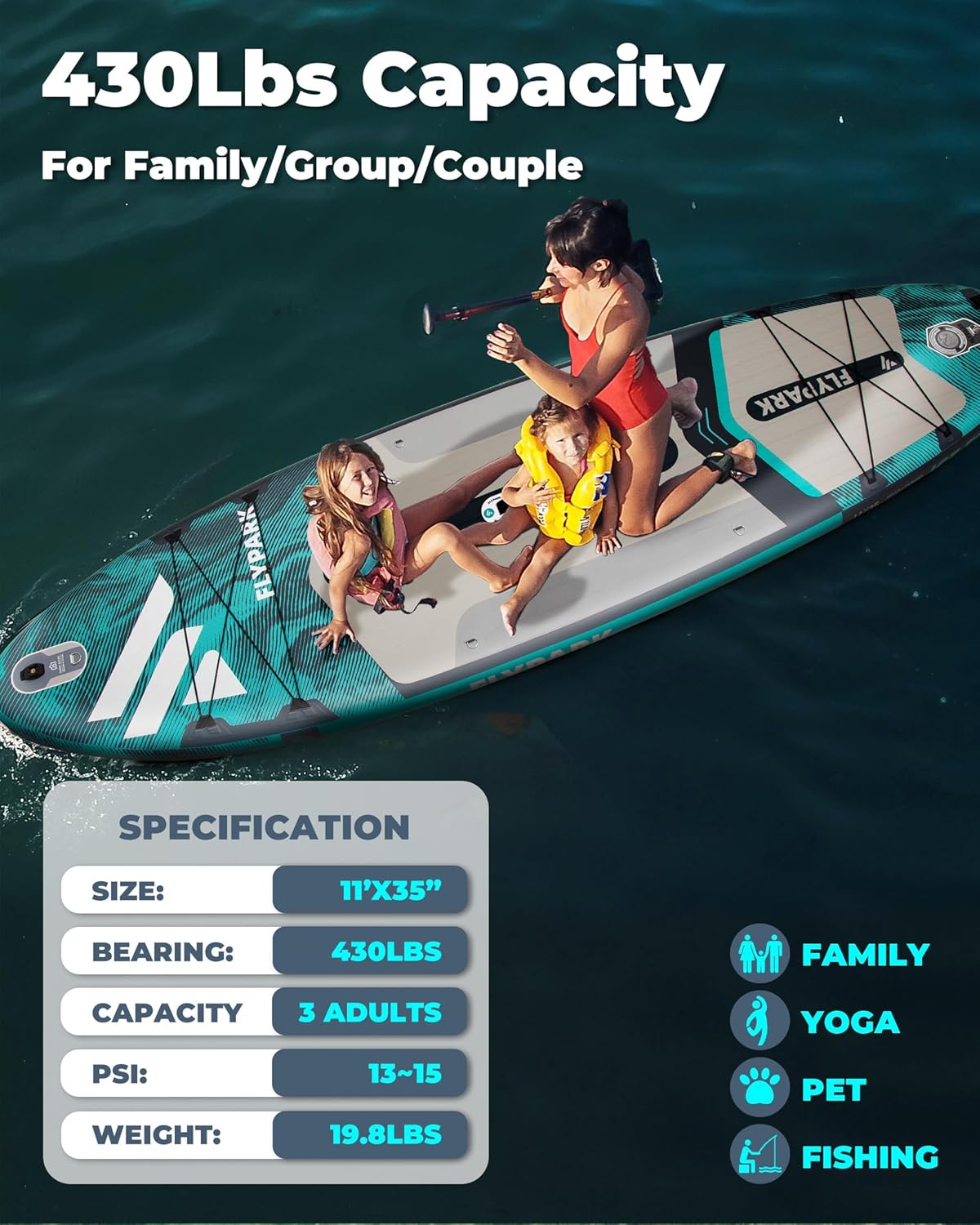 Flypark 10'8/11'x35'' Fishing&Family Stable Inflatable Paddle Boards, Extra Wide SUP Paddleboard Inflatable, 430lb/3 People, Stand Up Paddle Board for Adults, Camera Mount, Shoulder Strap, Rod Holder