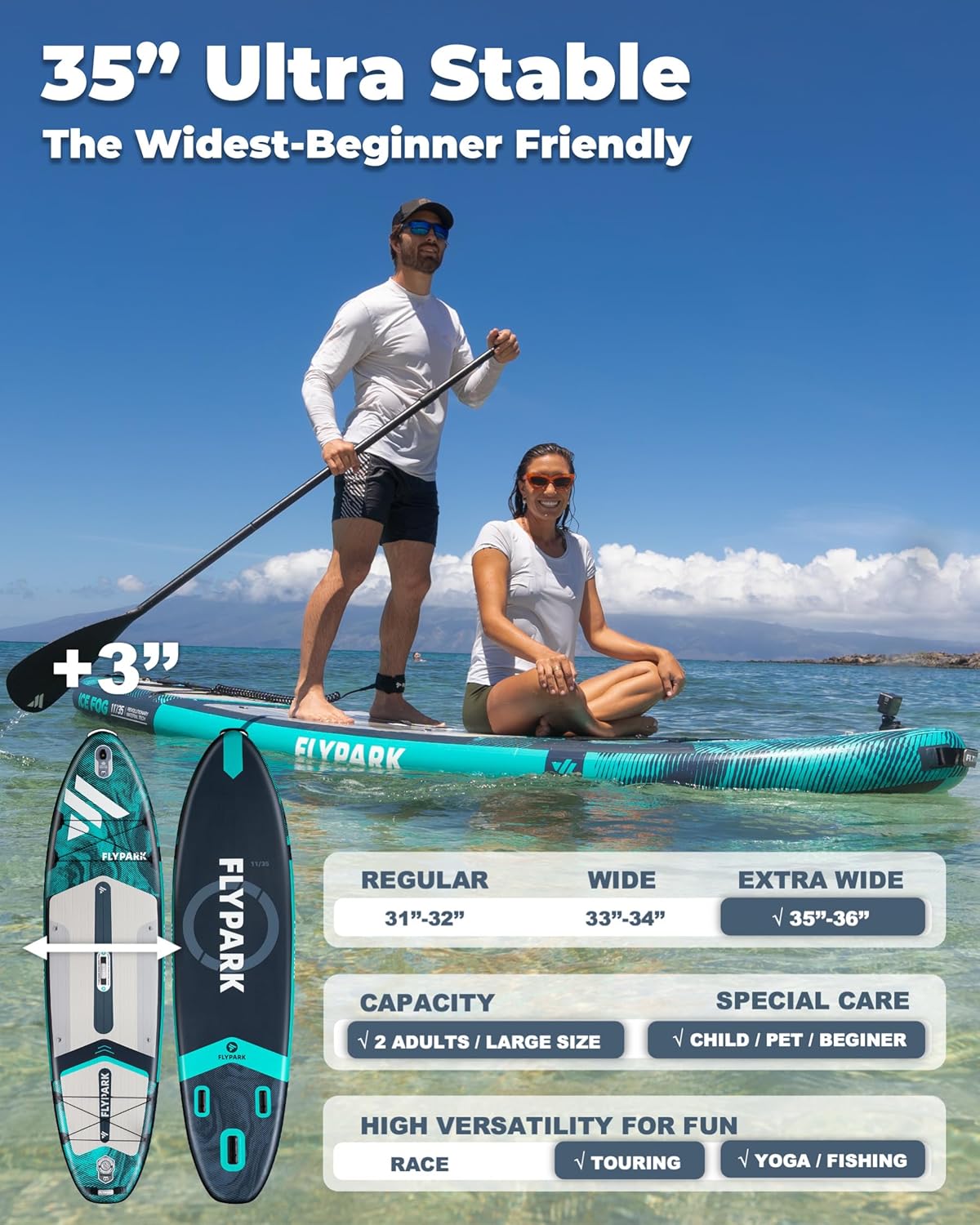 Alternative view of Flypark 10'8/11'x35'' Fishing&Family Stable Inflatable Paddle Boards, Extra Wide SUP Paddleboard Inflatable, 430lb/3 People, Stand Up Paddle Board for Adults, Camera Mount, Shoulder Strap, Rod Holder