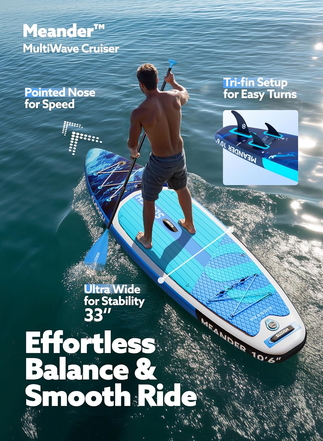 SLOOSH Inflatable Stand Up Paddle Board, 10'6" Inflatable Paddle Boards with Premium Accessories, Non-Slip EVA Deck, Ultra-Light Carry Bag Pump, Meander SUP for Youth & Adults