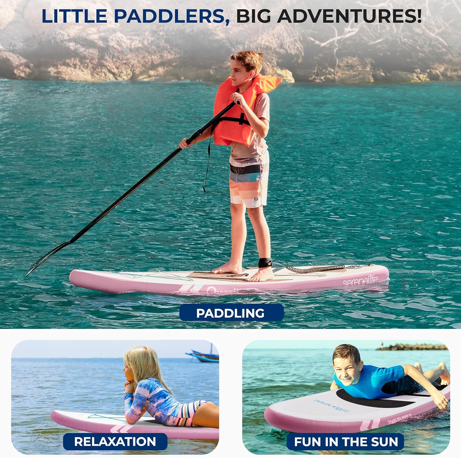 SereneLife 7'9" Kids Inflatable Stand Up Paddle Board - SUP for Youth with Single-Action Pump, Adjustable Paddle & Backpack - 30u201D Wide Stable Design with Non-Slip EVA Deck Pad, Ages 5+, 200lb Capacity