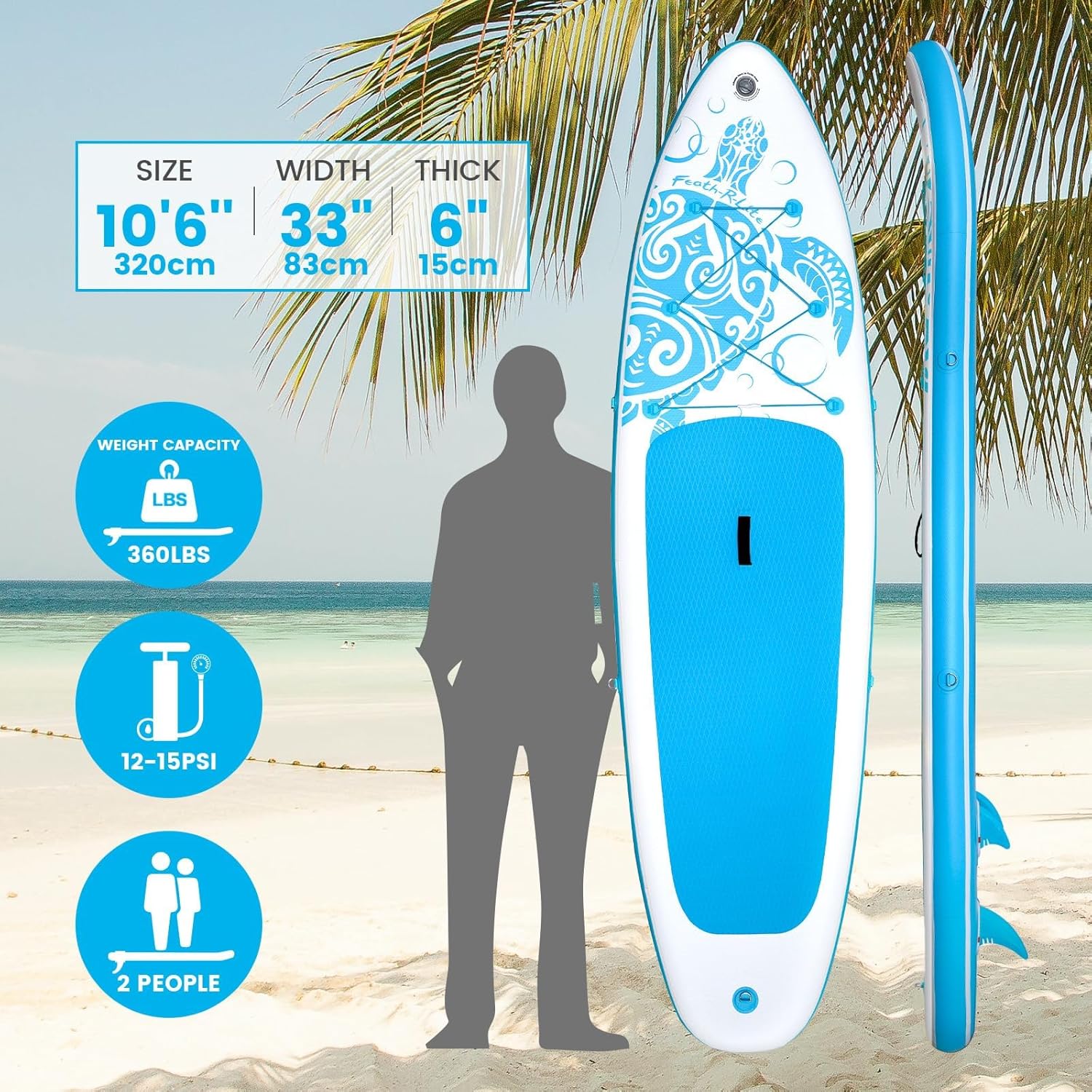 FEATH-R-LITE Inflatable Paddle Board Stand Up Paddleboards for Adults SUP with Premium Accessories Pump, Adjustable Paddle, Leash, Three Fins, Backpack