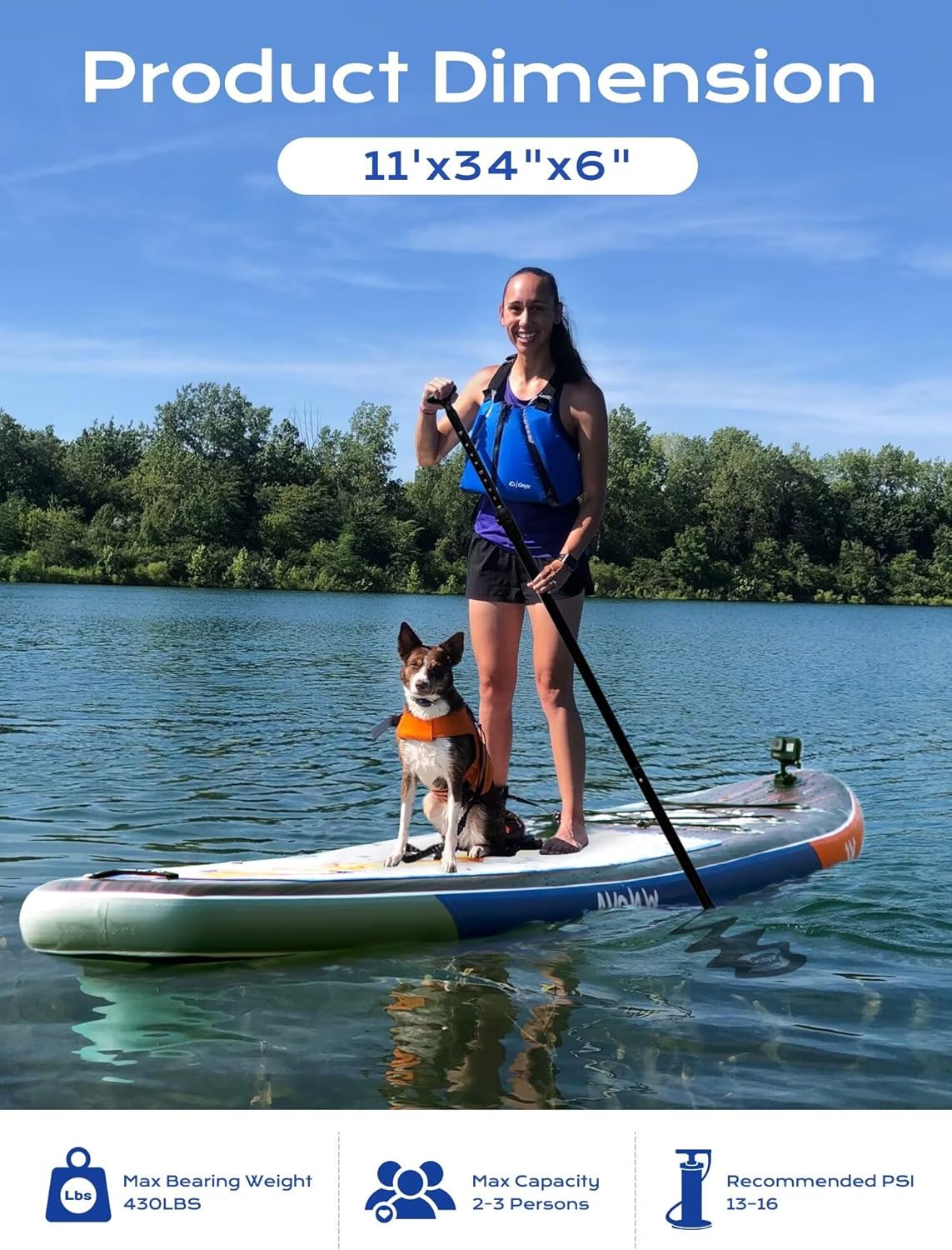 WNOVA Extra Wide Inflatable Paddle Board, 11' x 34" x 6" Stand Up Paddle Board for Adults, SUP Accessories with Camera Mount, 2+1 Family for Lake, Ocean, Sea