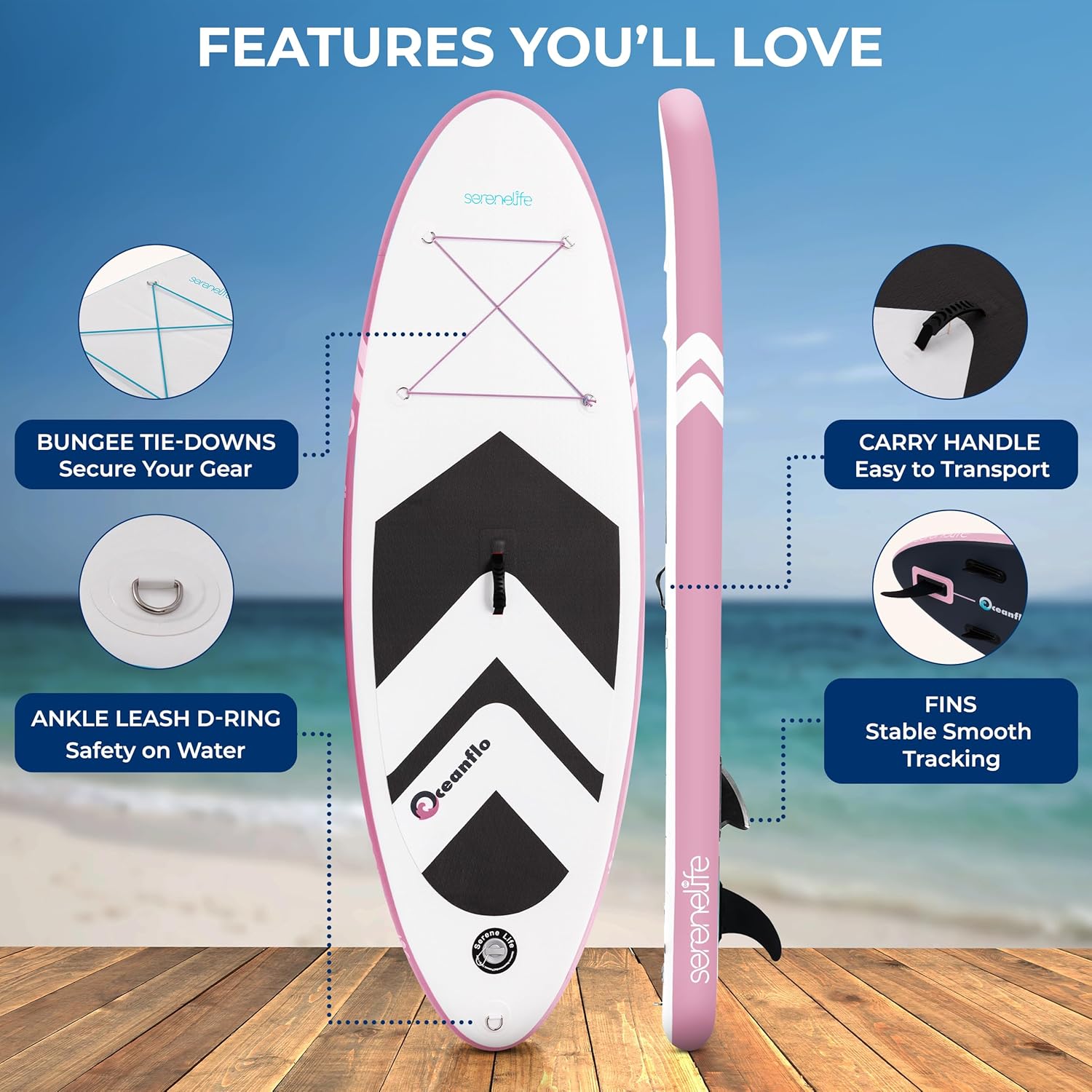 Alternative view of SereneLife 7'9" Kids Inflatable Stand Up Paddle Board - SUP for Youth with Single-Action Pump, Adjustable Paddle & Backpack - 30u201D Wide Stable Design with Non-Slip EVA Deck Pad, Ages 5+, 200lb Capacity