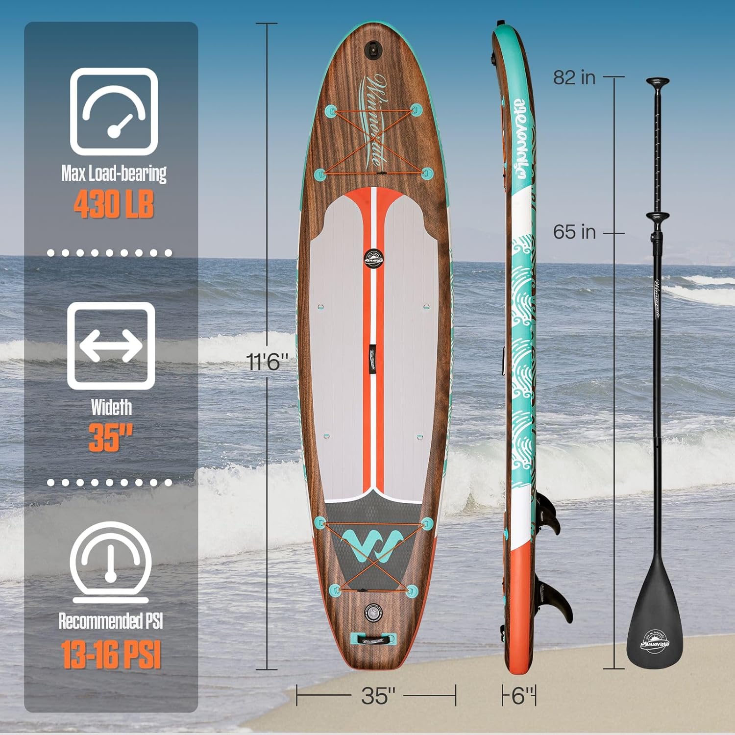 WNOVA 11'6"x35"x6" Wood Grain Stand Up Paddle Board Inflatable, Portable SUP Paddleboard with Complete Accessories, Camera Mount and 10L Dry Bag,Extra Wide Blow Up Paddle Board for Adults Youth Family