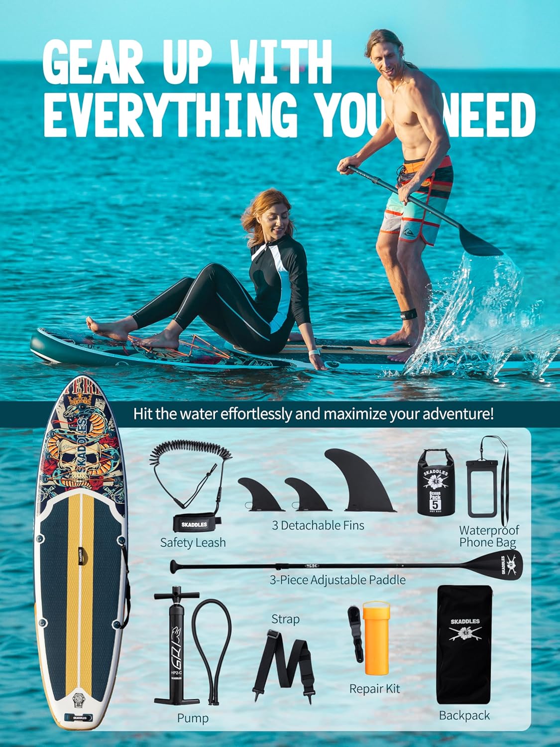 SKADDLES 10u20196u2019u2019 Inflatable Stand Up Paddle Board (SUP) for Adults and Youth with Non-Slip Deck u2013 Complete Accessories Kit, for Fishing, Yoga, Fitness & Family Fun