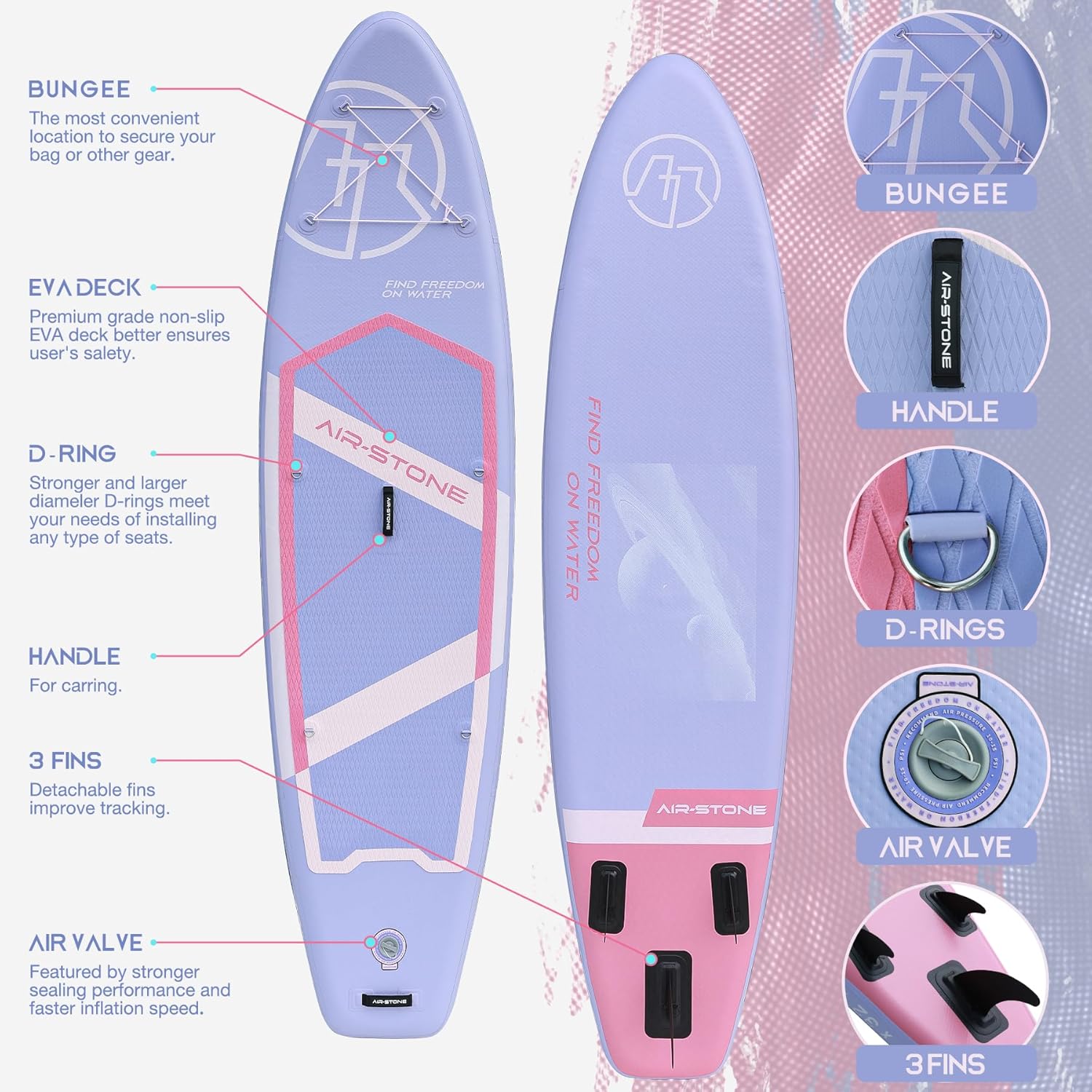 AIR-STONE 10'6u201D 450 lb Capacity，Inflatable Stand Up Paddle Board with sup Accessories Including Backpack, Repairing Kits, Non-Slip Deck, Leash, 3 Fins, Paddle and Hand Pump