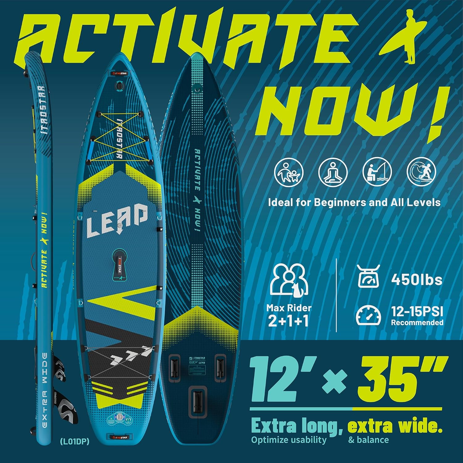 iTAOSTAR Lead 12'×35"/11'×33" Inflatable Stand Up Paddle Board - Premium SUP Board Kit with 5 Fins - Ultra Stable Wide Paddleboard for Adults & Youth - All Skill Levels - for Lakes, Oceans & Fishing