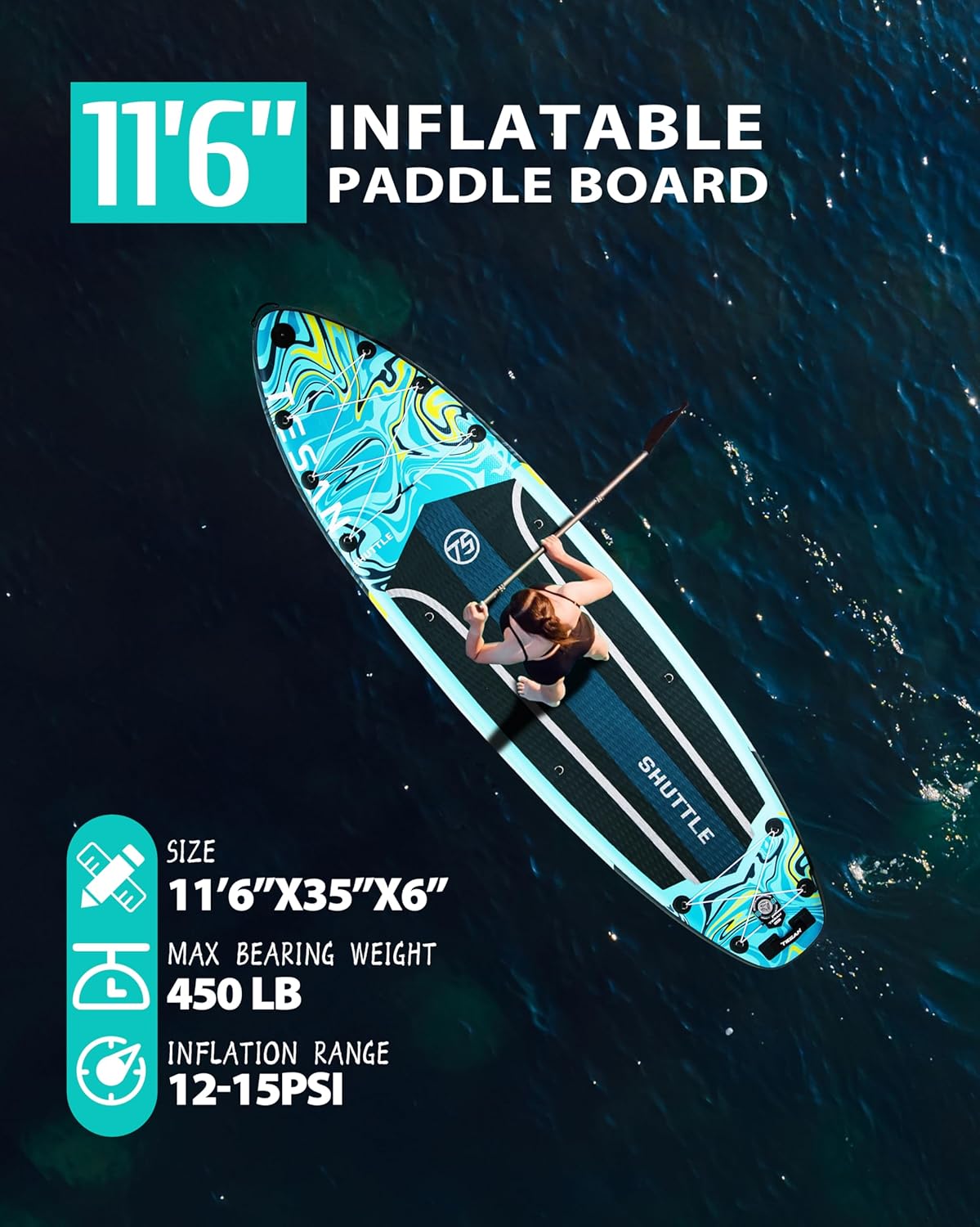 Alternative view of TESAN 11'6x35'' Extra Wide Inflatable Paddle Board,All-Round Ultra Stable Stand Up Paddleboards with Plus Kits for 450lb/3 People/Family,Dual Bungees, Camera Mount, 100L Backpack, Dual-Action Pump