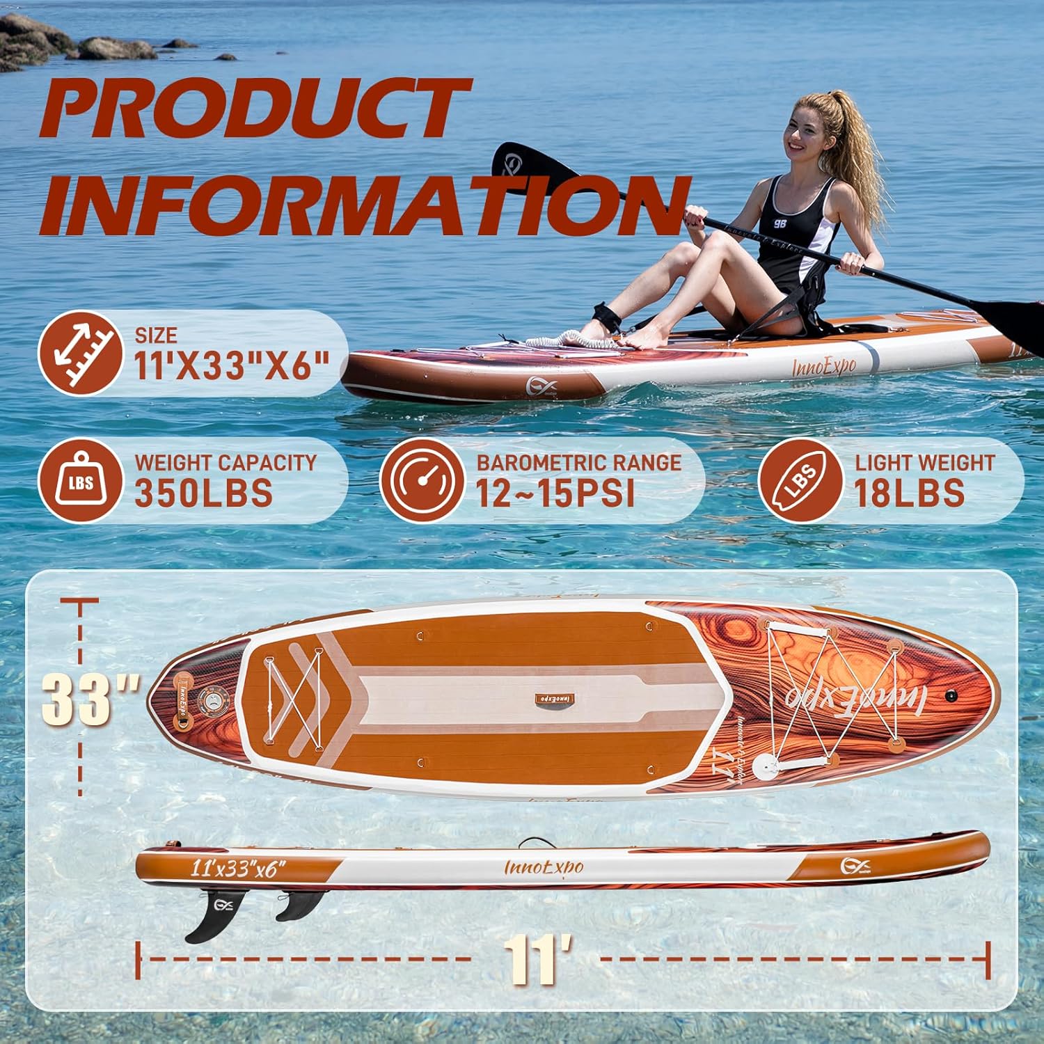 InnoExpo 11' Inflatable Stand Up Paddle Boards with Premium Accessories, Wide Stable SUP Paddle Board Design, Non-Slip Comfort Deck for Youth & Adults