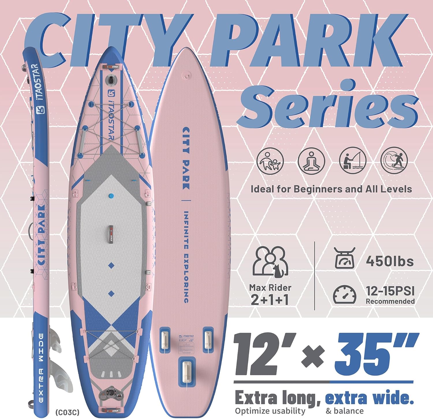 iTAOSTAR City Park 12'×35" Extra Wide Paddle Board with Seat, One-Stop Premium SUP Board Gears, Tailored 5 Fins, Stable Inflatable Stand Up Paddle Boards for Youth/Adults of All Levels