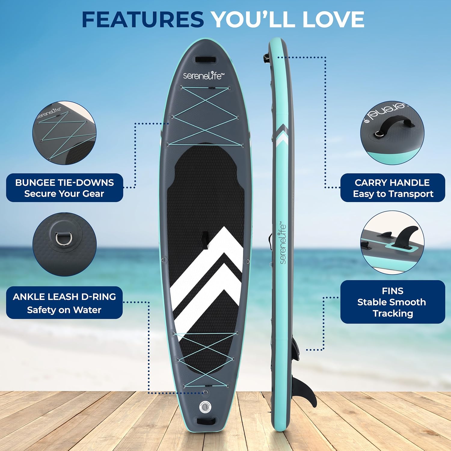 Alternative view of SereneLife Ultra-Light Inflatable Stand Up Paddle Board with Premium SUP Accessories - Extra Wide Stable Design with Non-Slip EVA Deck Pad for Youth and Adults of All Skill Levels - 350 lbs Capacity