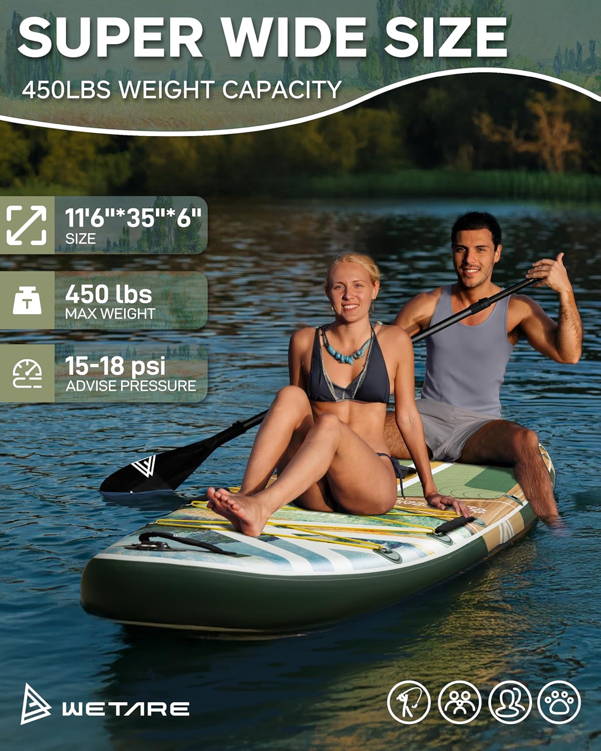 WETARE 11'6"x35" Inflatable Paddle Board, 450lbs Extra Wide Stand Up Sup Board for Adults, Blow Up Paddleboard Kayak Non-Slip Stable Deck Boat for Yoga Fishing Surf