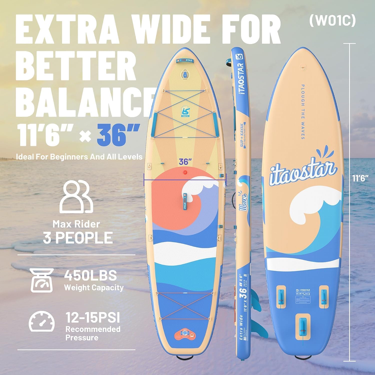 iTAOSTAR Billow 11'6"×36" Extra Wide Paddle Board with Seat, One-Stop Premium SUP Board Accessories, Tailored Fins, Stable Inflatable Stand Up Paddle Boards for Youth/Adults of All Skill Levels