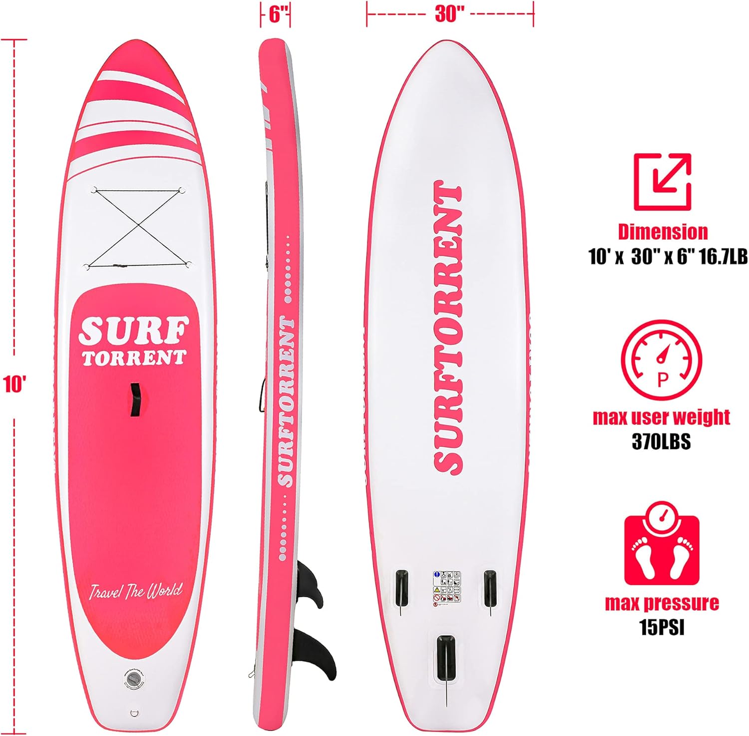 Alternative view of SURFTORRENT Inflatable Stand Up Paddle Board Wave Board with SUP Accessories,Inflatable SUP Board for Beginner,Youth Paddle Board,Pink or Black Paddle Board for Adult