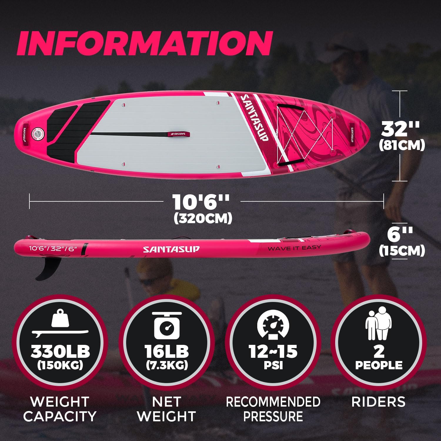 Santasup Inflatable Stand Up Paddle Board with SUP Accessories, Anti-Slip EVA Deck, 10'6"/11' Wide Stance Board, Sup Board for Adults & Youth of All Skill Levels Backpack