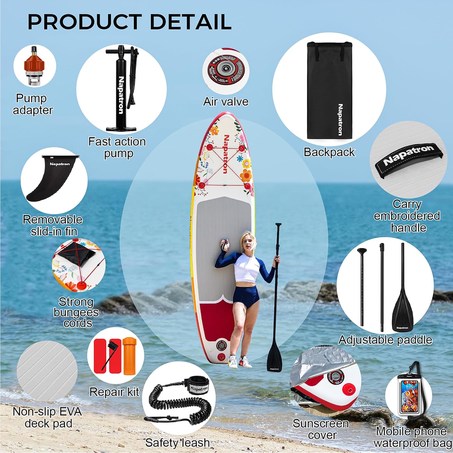 Napatron Family Inflatable Stand Up Paddle Board, Sup,Stable Wide Design,350LBS Capacity,Complete Paddle Board Package with Fast Action Pump,Leash,Ideal for Beginners/Youth & AllSkill Levels