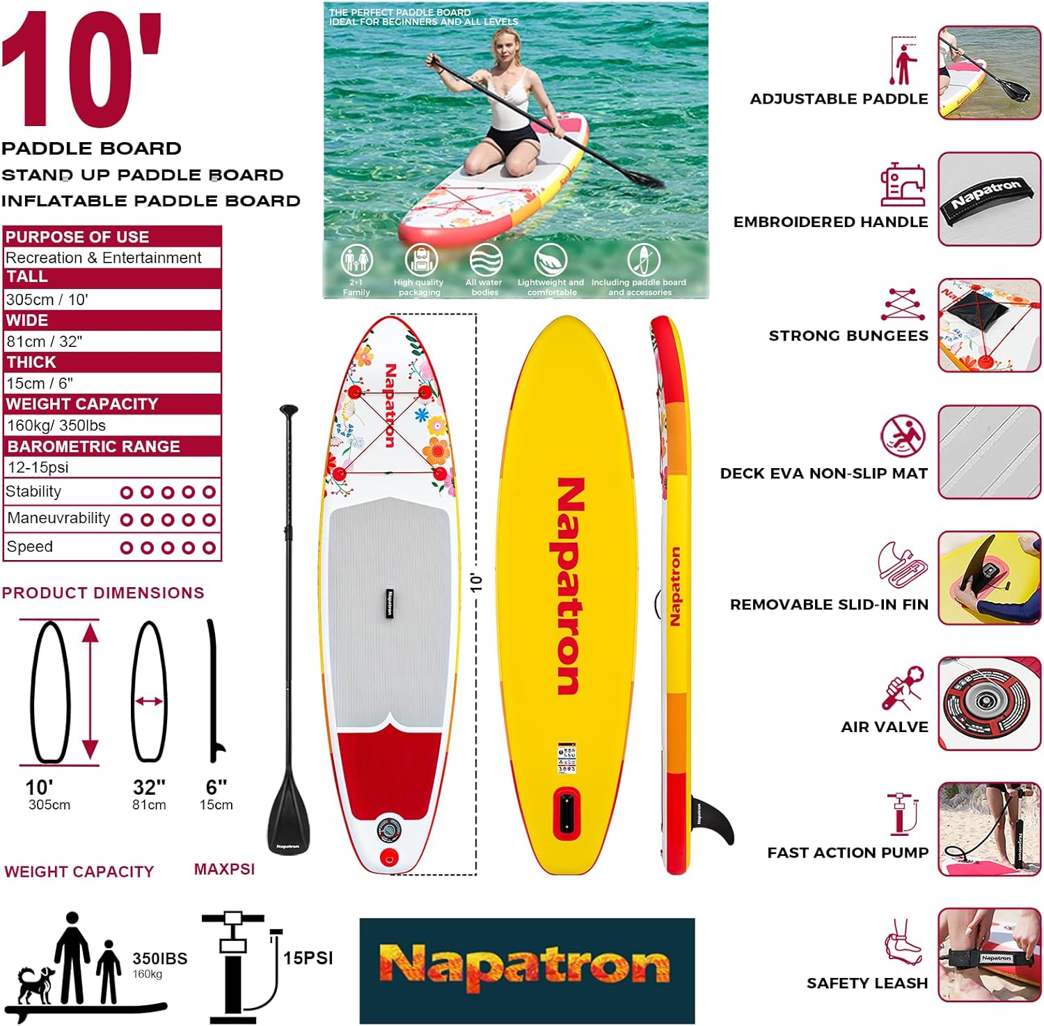 Alternative view of Napatron Family Inflatable Stand Up Paddle Board, Sup,Stable Wide Design,350LBS Capacity,Complete Paddle Board Package with Fast Action Pump,Leash,Ideal for Beginners/Youth & AllSkill Levels