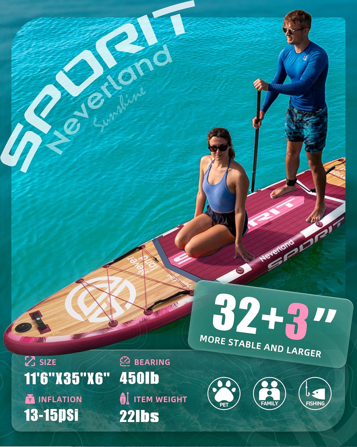SPORIT 11'6×35" Super Wide Inflatable Stand Up Paddle Board, Ultra Stable SUP Board for Adults, 450lb Capacity with Shoulder Strap, 100L Backpack, Removable US Fin, Floating Paddle, Safety Leash