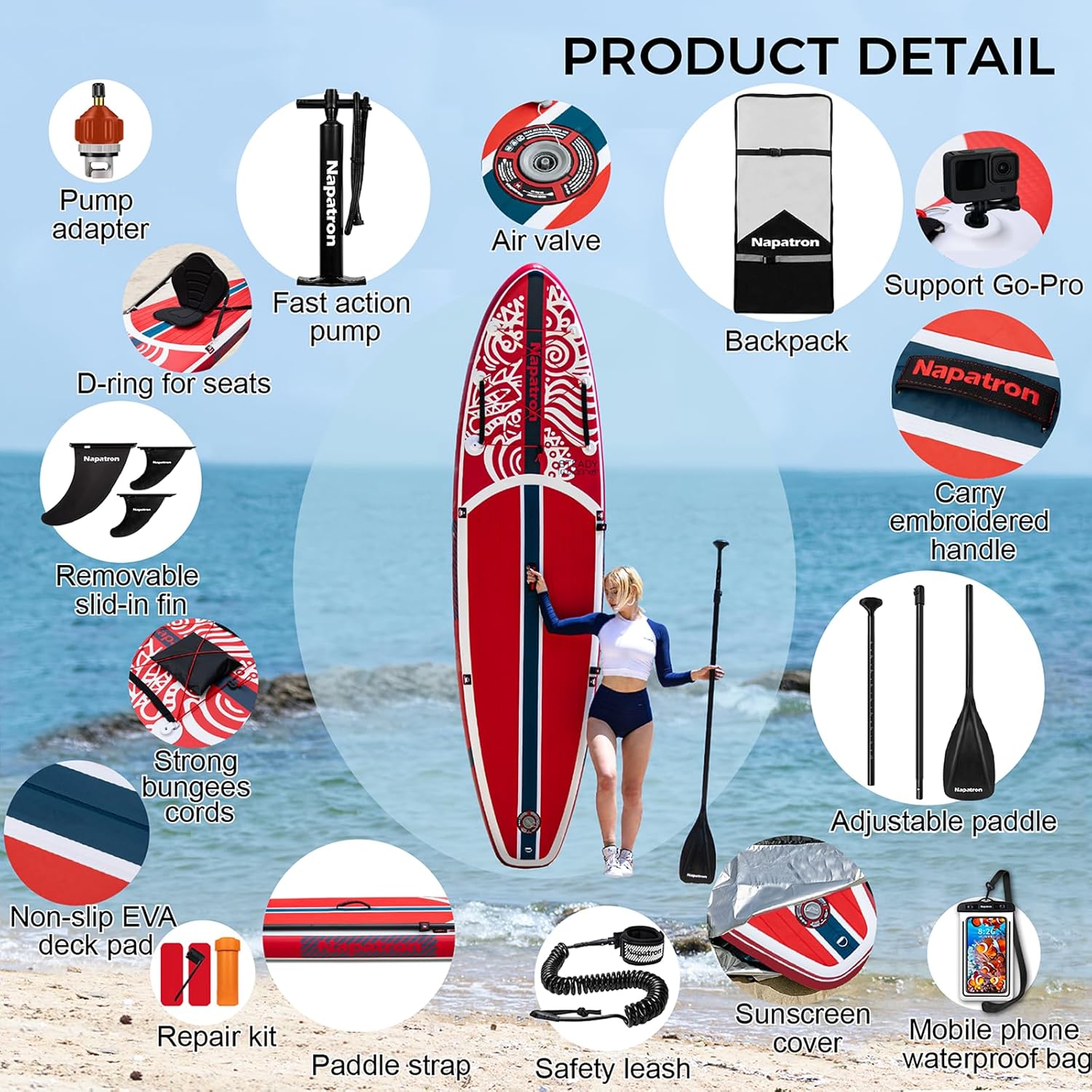 Napatron Inflatable Paddle Board, 10'6" Ultra Lightweight SUP with Adjustable Paddle, Anti-Slip Deck,Coiled Leash & Carry Bag,Stable All-Around Stand Up Paddle Board for Adults