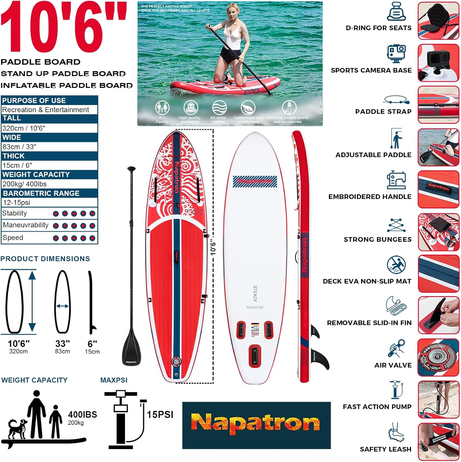 Alternative view of Napatron Inflatable Paddle Board, 10'6" Ultra Lightweight SUP with Adjustable Paddle, Anti-Slip Deck,Coiled Leash & Carry Bag,Stable All-Around Stand Up Paddle Board for Adults
