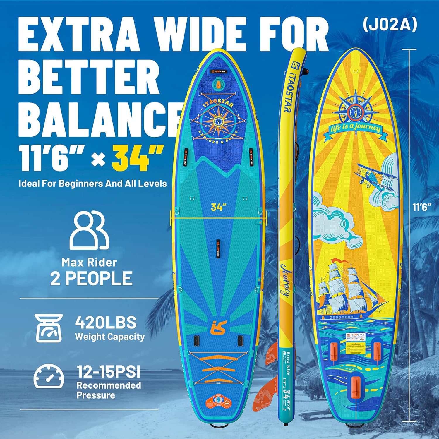 iTAOSTAR Journey 11'6" / 11'×34" / 11'×35" Extra Wide Paddle Board, One-Stop Premium SUP Board Accessories, Tailored Fins, Stable Inflatable Stand Up Paddle Boards for Youth/Adults of All Skill Levels