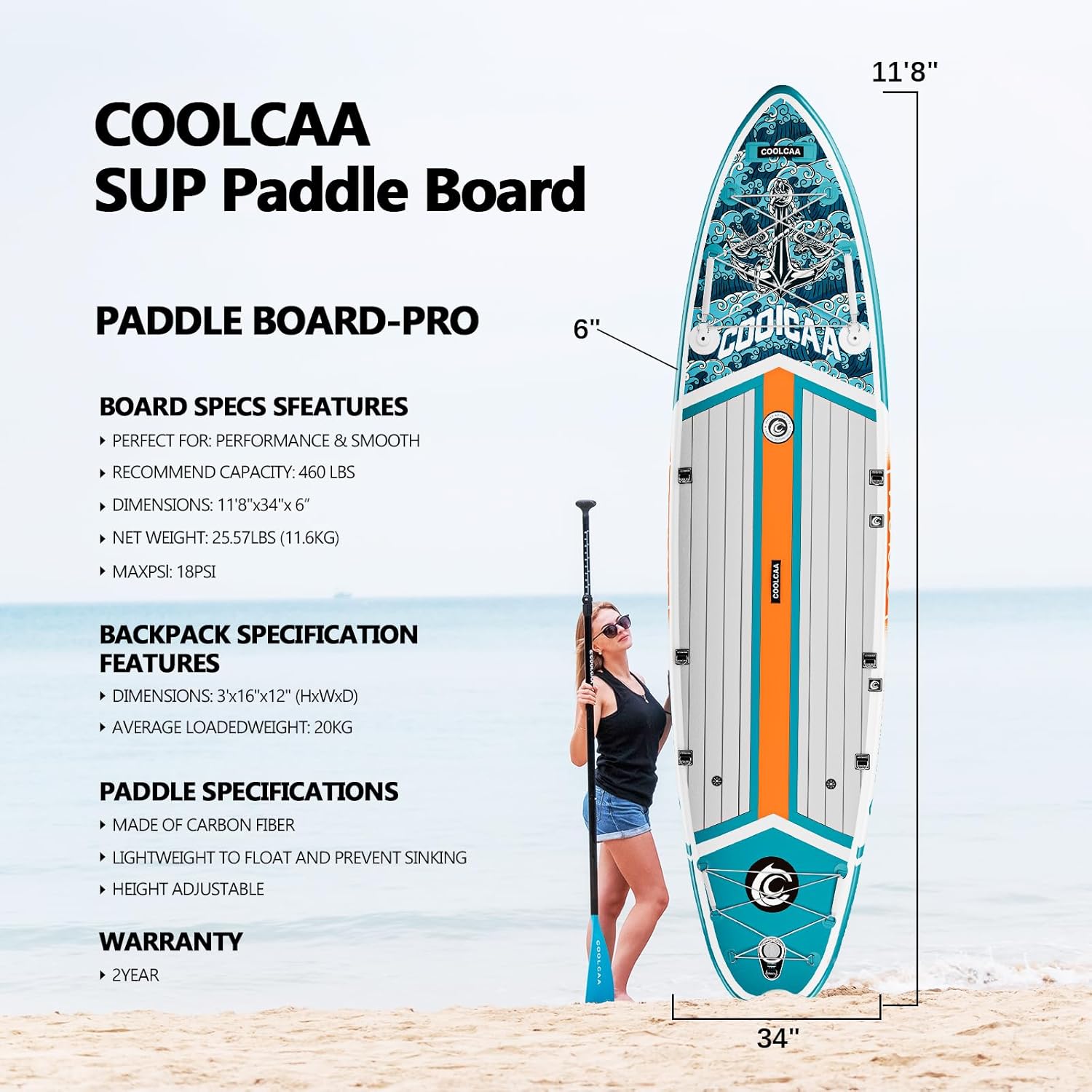 COOLCAA Inflatable Stand-Up Paddle Board, 480Lbs Capacity SUP Board with 34'' Extra Wide, Fishing Paddleboard with Accessories & Bag for Adults Youth