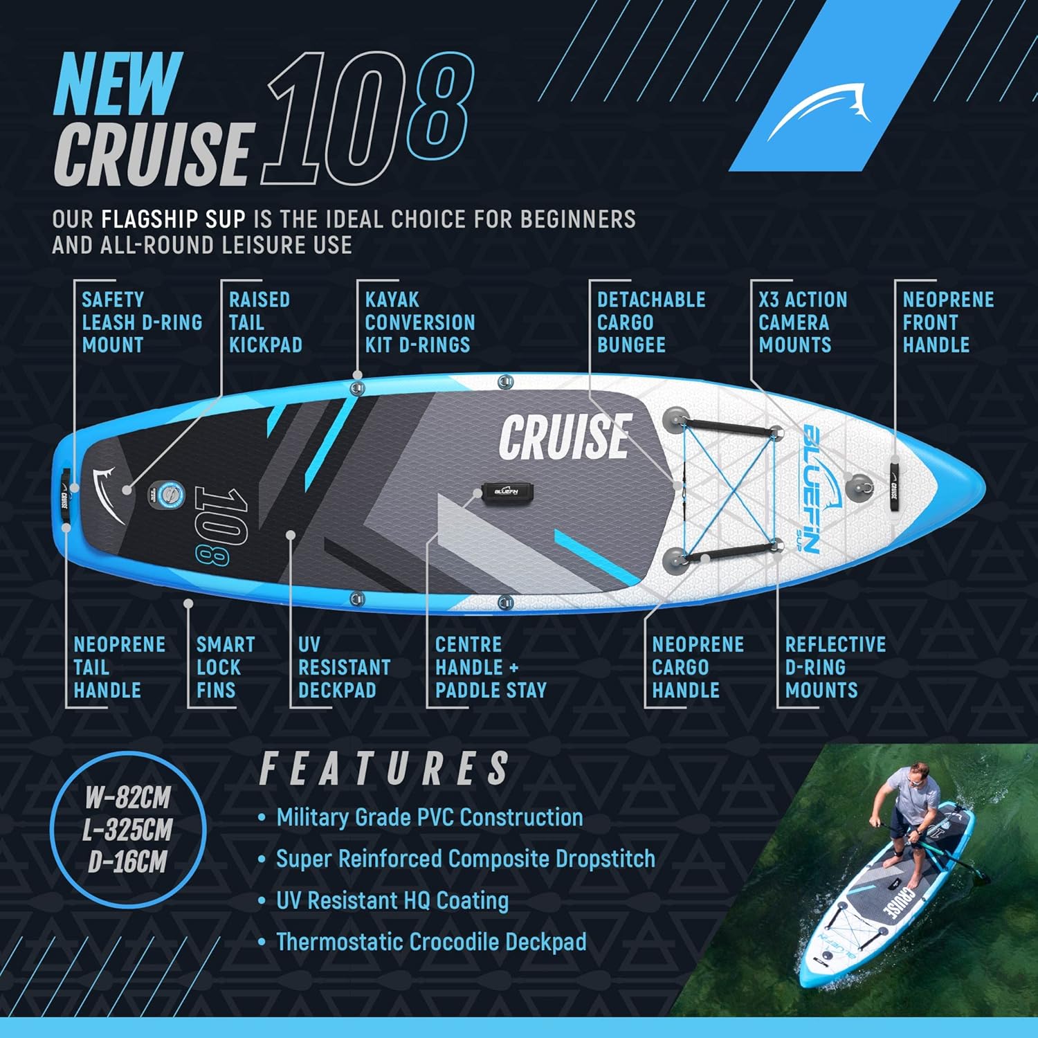 Bluefin® Cruise SUP Boards Premium Stand Up Inflatable Paddle Board Stable Design Non-Slip Design with Fibreglass Paddle & Accessories 5 Year Warranty Multiple Sizes for Adults