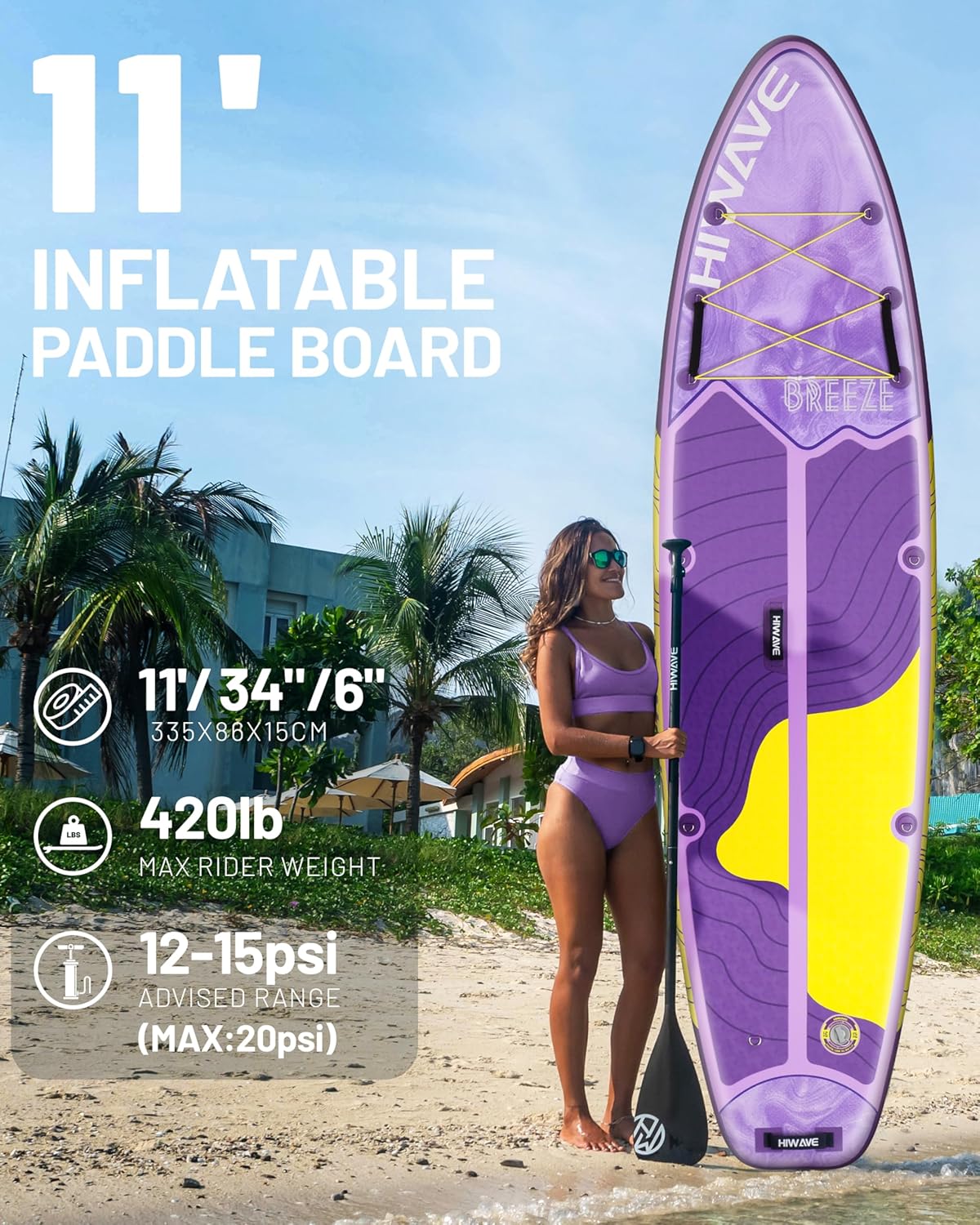 Hiwave Inflatable Stand Up Paddle Board 11u2019*34u201D*6u201D Sup Board, 420lbs Capacity Adult&Youth Paddle Board, Pet Friendly for Ocean&Lake, w/Double Action Hand Pump