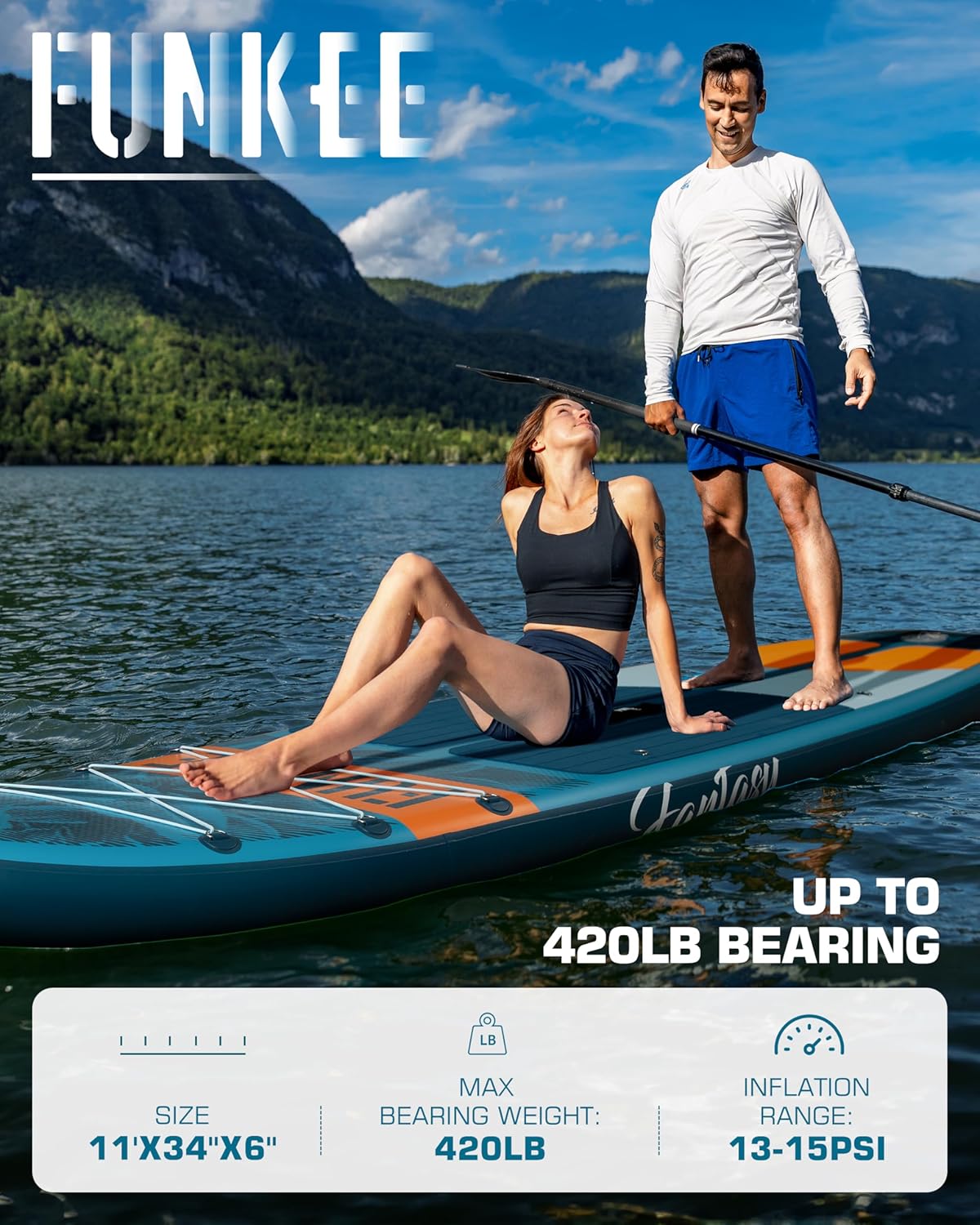 FUNKEE 11u2019×34"×6" Extra Wide Inflatable Stand Up Paddle Board, Sup Board with Removable Fins, Backpack, Floating Paddle, Safety Leash, Floating Phone Case for Adults & Youth of All Skill Levels