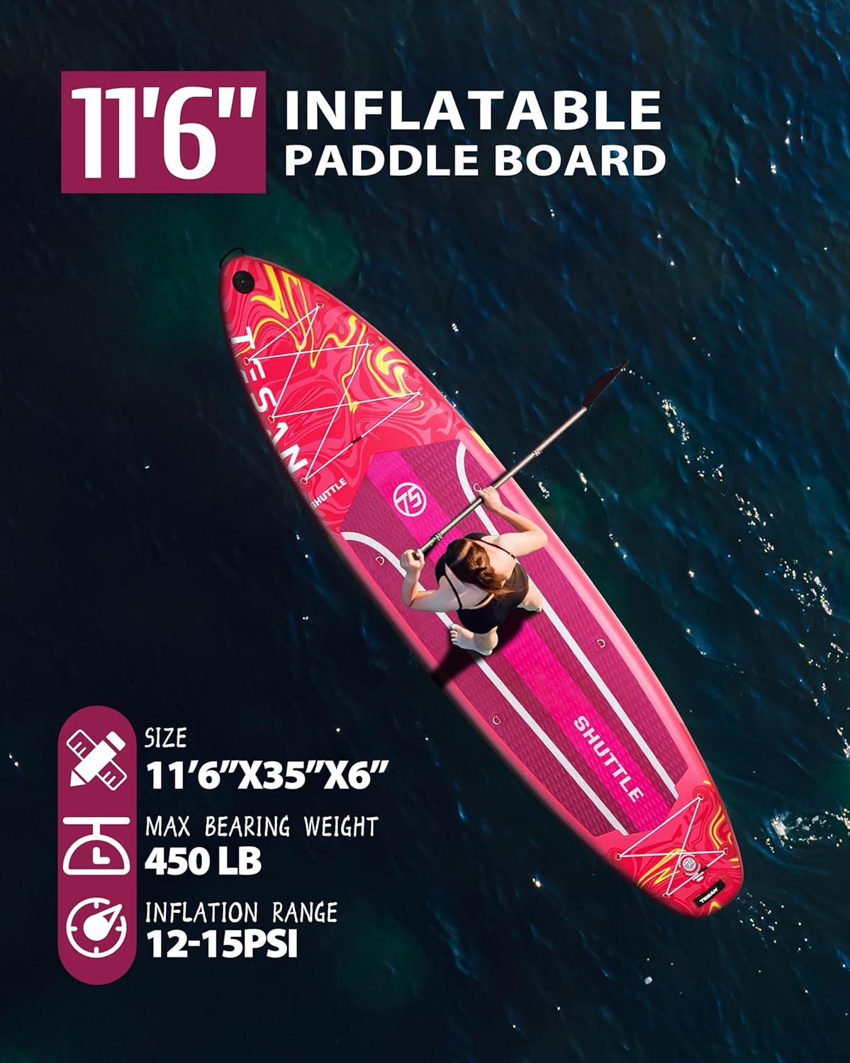 TESAN 11'6x35'' Extra Wide Inflatable Paddle Board,All-Round Ultra Stable Stand Up Paddleboards with Plus Kits for 450lb/3 People/Family,Dual Bungees, Camera Mount, 100L Backpack, Dual-Action Pump