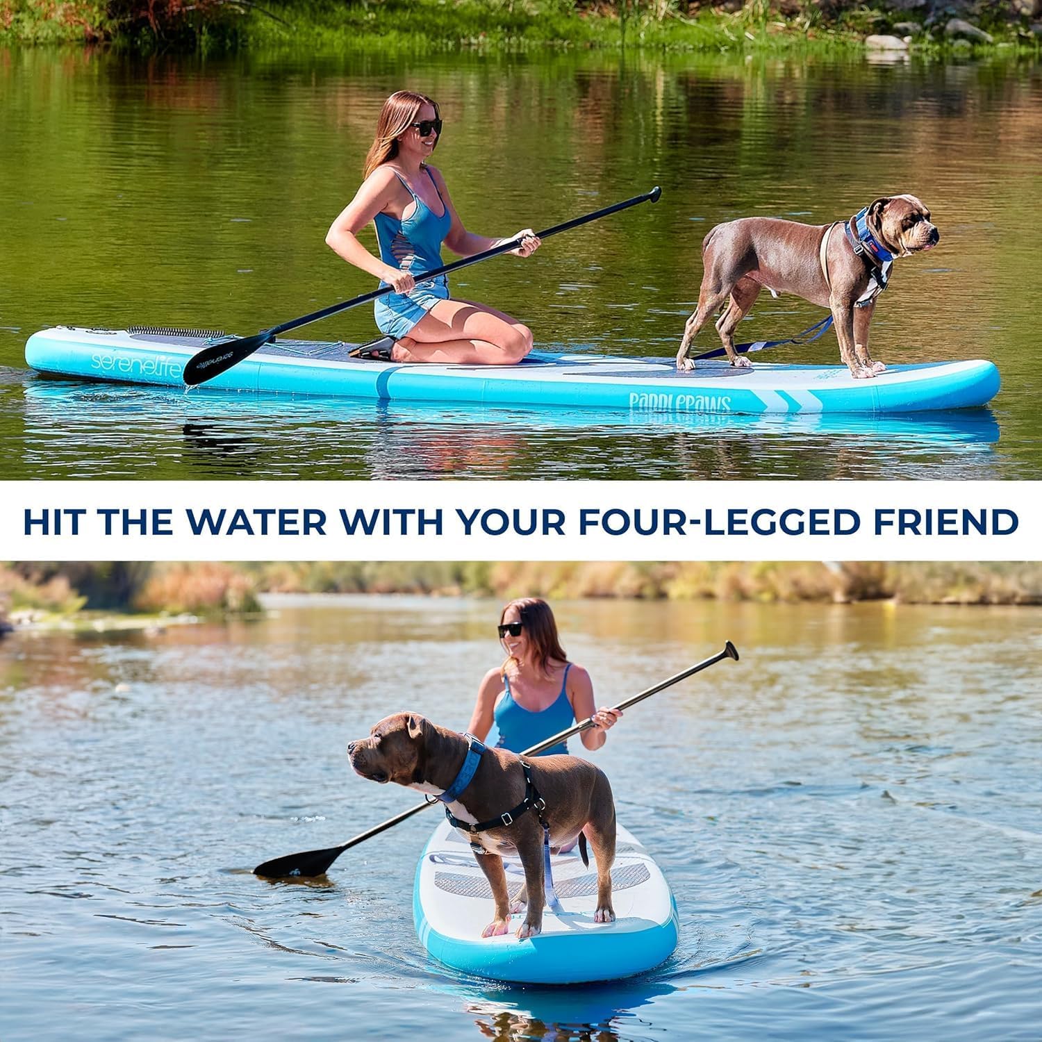 SereneLife XL Inflatable Stand Up Paddle Board - Pet-Friendly SUP for Adults and Pets - Extra-Wide Stable Design with Non-Slip EVA Deck Pad, Premium SUP Accessories, 440/485 lbs