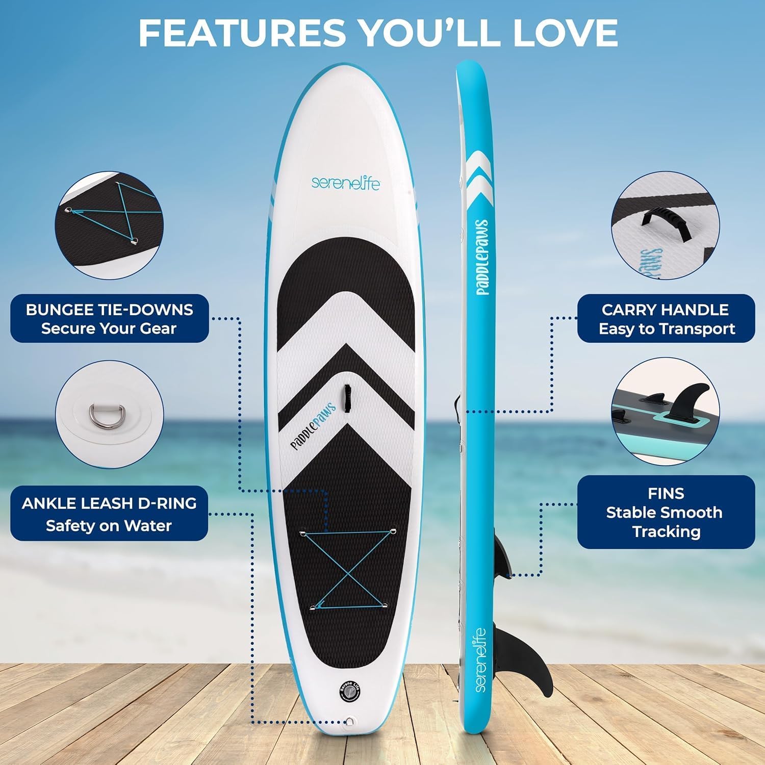 Alternative view of SereneLife XL Inflatable Stand Up Paddle Board - Pet-Friendly SUP for Adults and Pets - Extra-Wide Stable Design with Non-Slip EVA Deck Pad, Premium SUP Accessories, 440/485 lbs