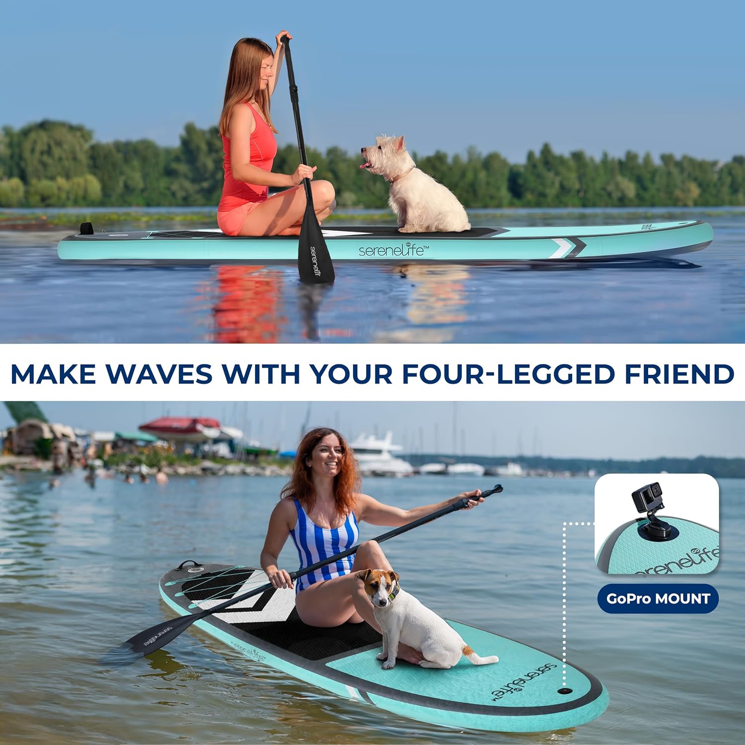 SereneLife XL Inflatable Stand Up Paddle Board u2013 Extra-Wide, Pet & Family-Friendly SUP for Adults, Kids & Pets u2013 Non-Slip Deck, Lightweight Stable Design, Premium Accessories - 440 lbs Capacity