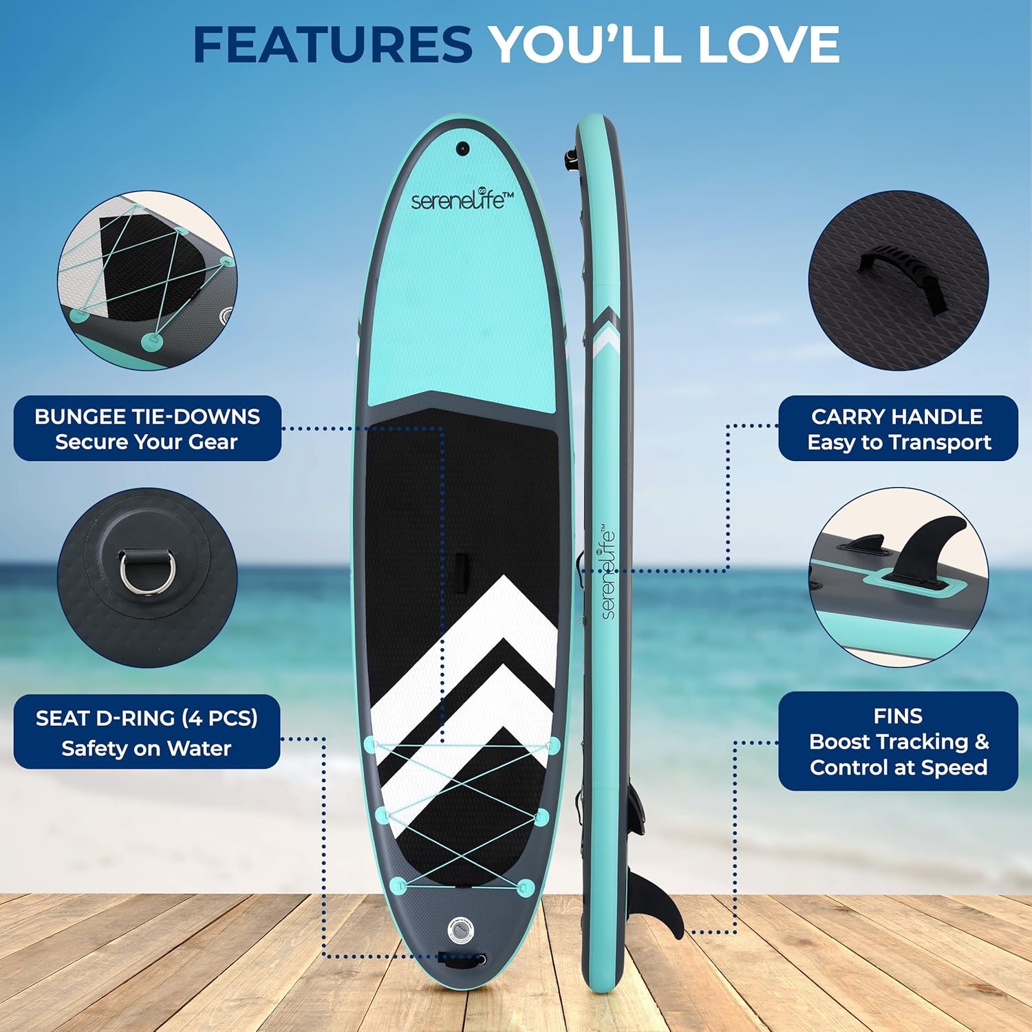 Alternative view of SereneLife XL Inflatable Stand Up Paddle Board u2013 Extra-Wide, Pet & Family-Friendly SUP for Adults, Kids & Pets u2013 Non-Slip Deck, Lightweight Stable Design, Premium Accessories - 440 lbs Capacity