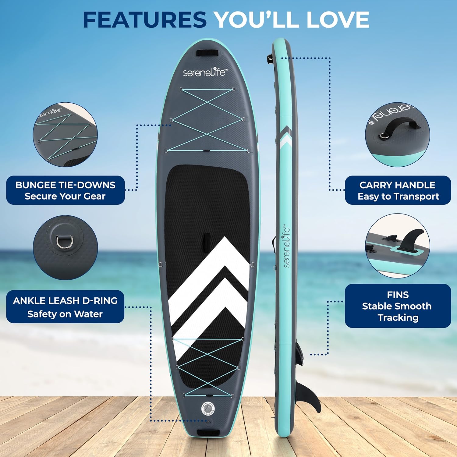 Alternative view of SereneLife Ultra-Light Inflatable Stand Up Paddle Board with Premium SUP Accessories - Extra Wide Stable Design with Non-Slip EVA Deck Pad for Youth and Adults of All Skill Levels - 350 lbs Capacity
