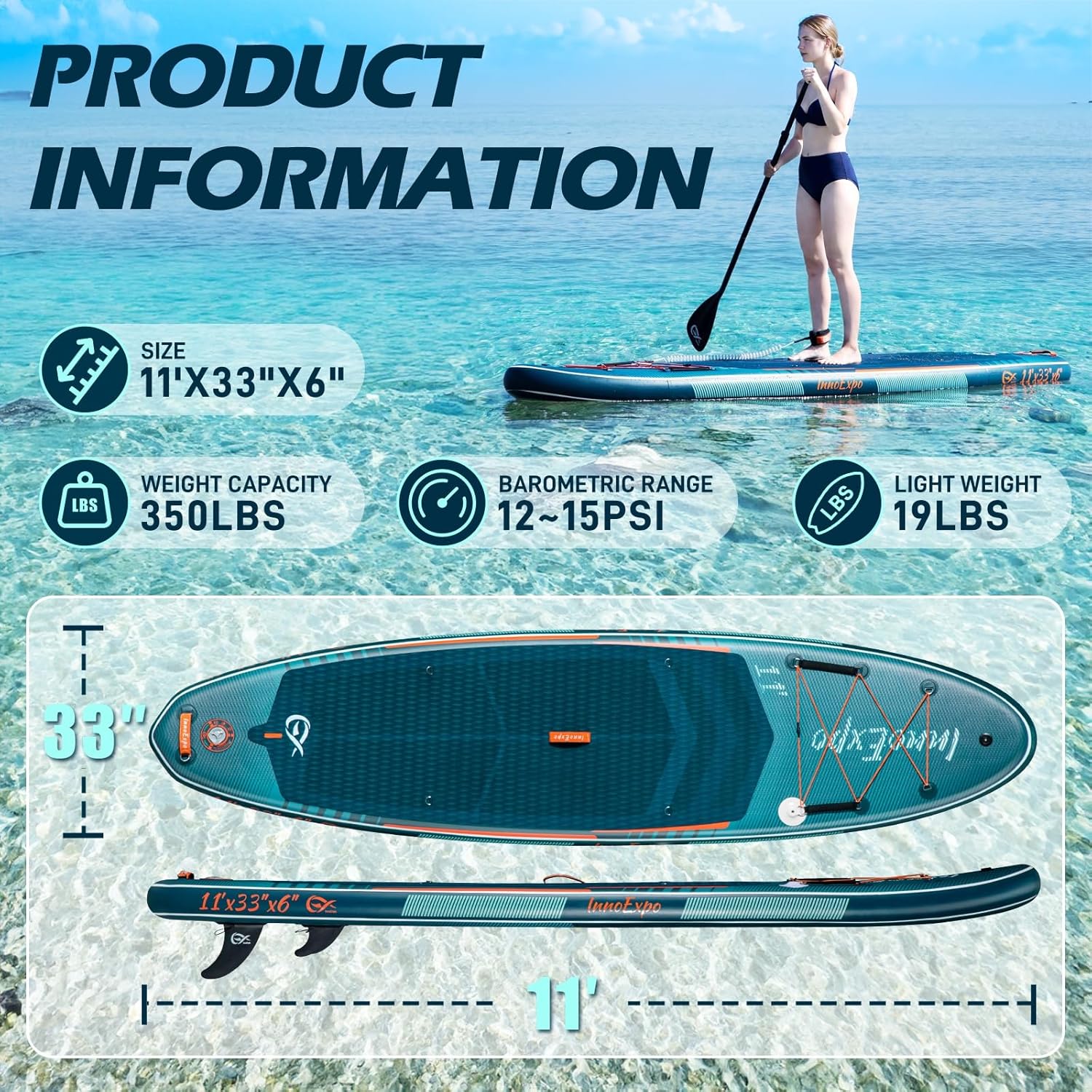 InnoExpo 11' Inflatable Stand Up Paddle Boards with Premium Accessories, Wide Stable SUP Paddle Board Design, Non-Slip Comfort Deck for Youth & Adults