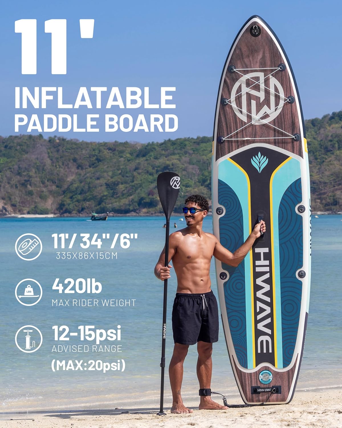 Hiwave Inflatable Paddle Board 11 '* 34 "* 6" Extra Wide Sup Board, 420lb Capacity Paddle Board for Adults, Suitable for Sea and Lakes, 2+1Family Board