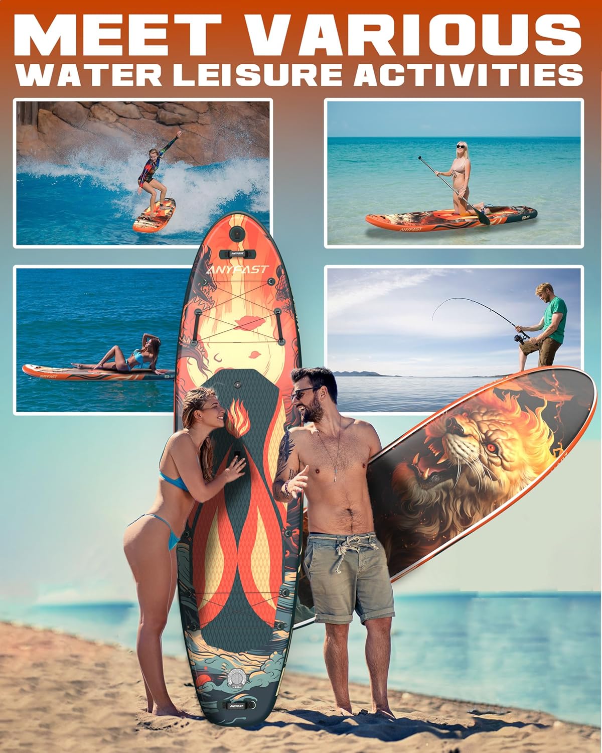 ANYFAST Inflatable Stand Up Paddle Boards - Extra Wide Fishing Paddleboard,Cool Design,Ultra Stable Standup SUP,15 D-Rings,5 Handles, Camera Mount,100L Backpack,10L Dry Bag, Youth/Adults