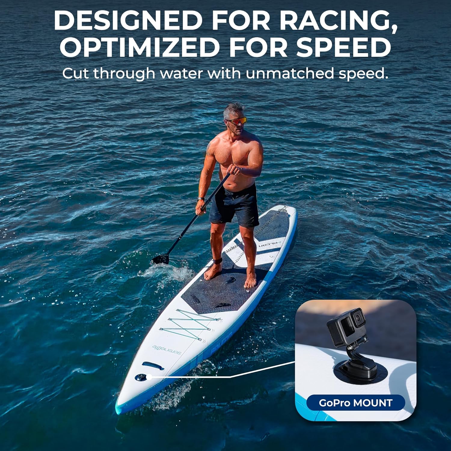 SereneLife 14u2019 Inflatable Stand Up Paddle Board for Racing u2013 28u201D Narrow Design for Expert Paddlers with Non-Slip EVA Deck Pad, Includes Premium SUP Accessories and GoPro Mount, for Youth and Adults
