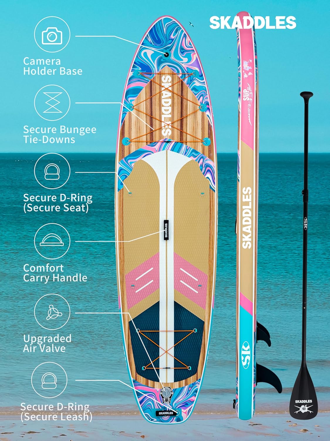 SKADDLES 11' Inflatable Stand Up Paddle Board u2013 Extra Wide SUP for Adults & Kids of All Skill Levels, Stable Paddleboard with Pump, Fins, Backpack, Accessories & Waterproof Phone Pouch